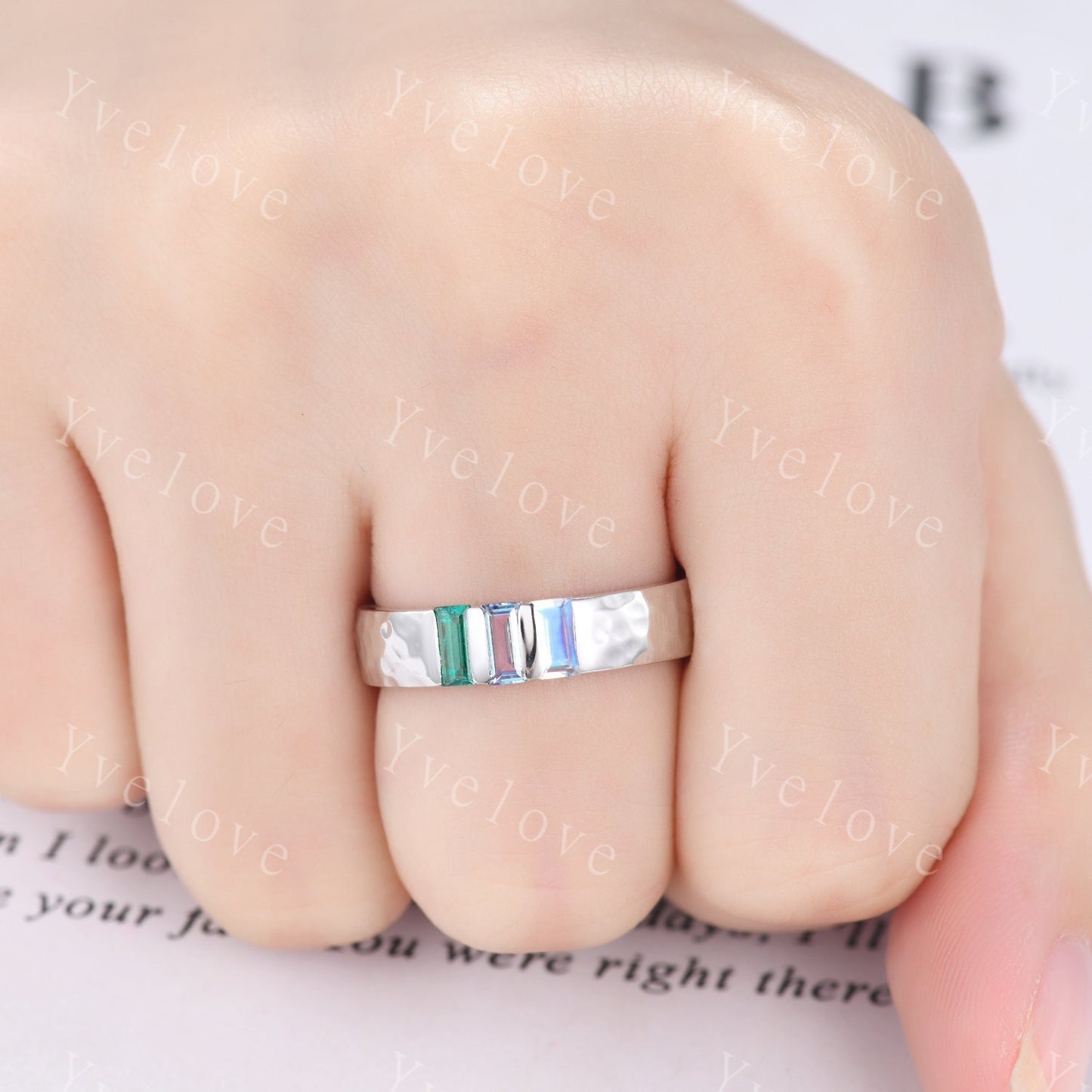 Mens Alexandrite Moonstone Wedding Band Baguette Cut Emerald Band 5mm White Gold Ring Mens Hammered Stacking Matching Band Vintage Mens Gift