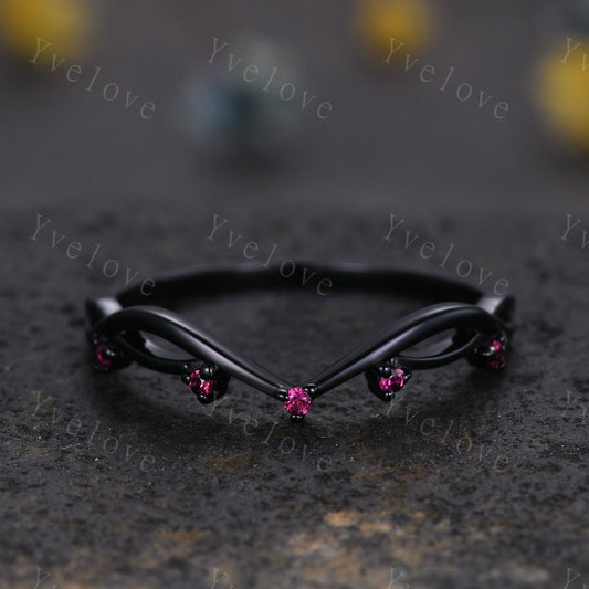 Vintage Red Ruby Engagement Ring,Twig Stacking Band,Women Vine Ruby Band,Art Deco Curved Branch Wedding Band,Black Gold Silver Ring Gift