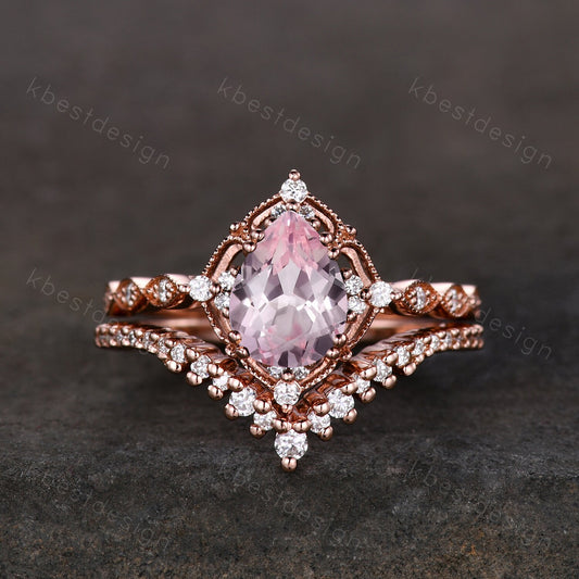 Vintage pink sapphire engagement ring rose gold ring art deco curve stacking band pear shaped bridal set unique moissanite wedding set