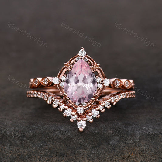 Vintage pink sapphire engagement ring rose gold ring art deco curve stacking band pear shaped bridal set unique moissanite wedding set