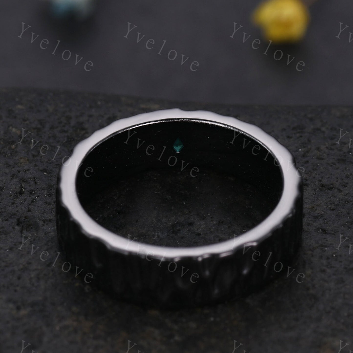 5mm Black Gold Mens Kite Cut Green Emerald Wedding Band Emerald Engagement Ring  Hammered Finished Band Mens Stacking Band His Wedding band