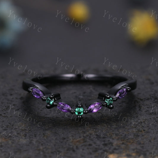 Unique Amethyst Emerald Wedding Ring Stacking Matching Band Silver Black Gold Marquise Ring Promise Jewelry Anniversary Gift For Women