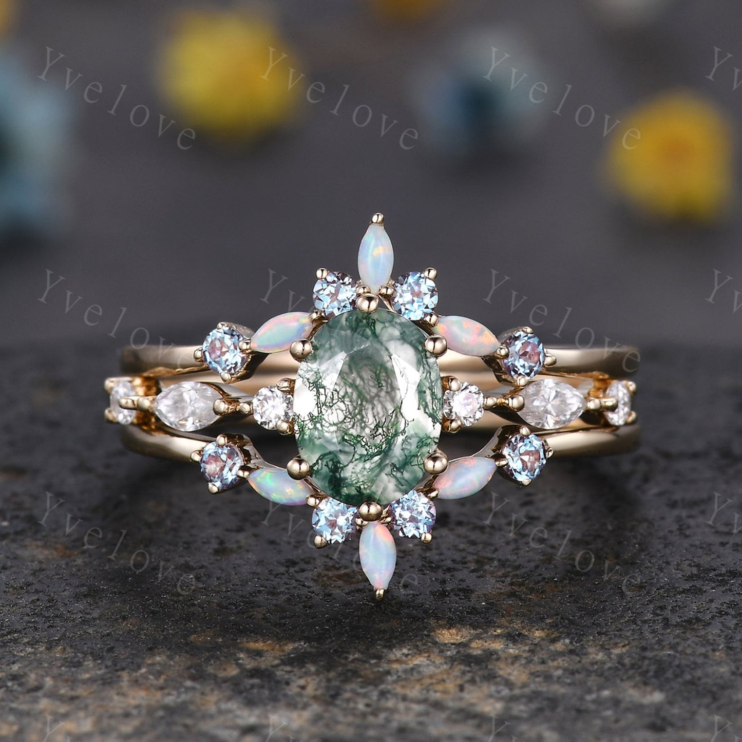 Vintage moss agate engagement ring set,Unique gold wedding set,Art deco opal alexandrite matching stacking ring,bridal set,rings for women