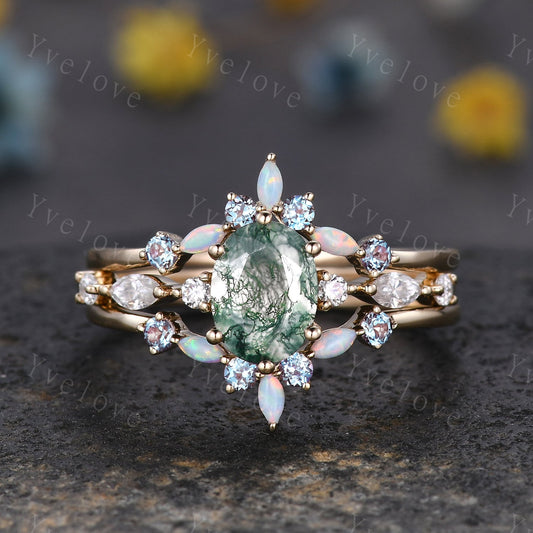 Vintage moss agate engagement ring set,Unique gold wedding set,Art deco opal alexandrite matching stacking ring,bridal set,rings for women