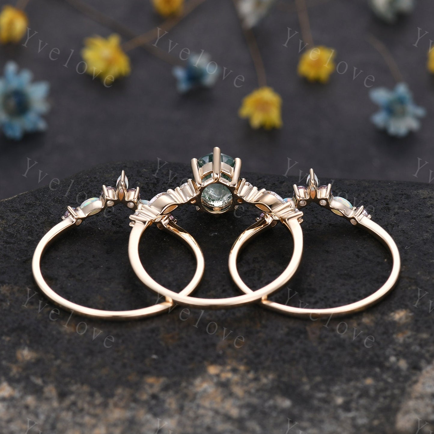 Vintage moss agate engagement ring set,Unique gold wedding set,Art deco opal alexandrite matching stacking ring,bridal set,rings for women
