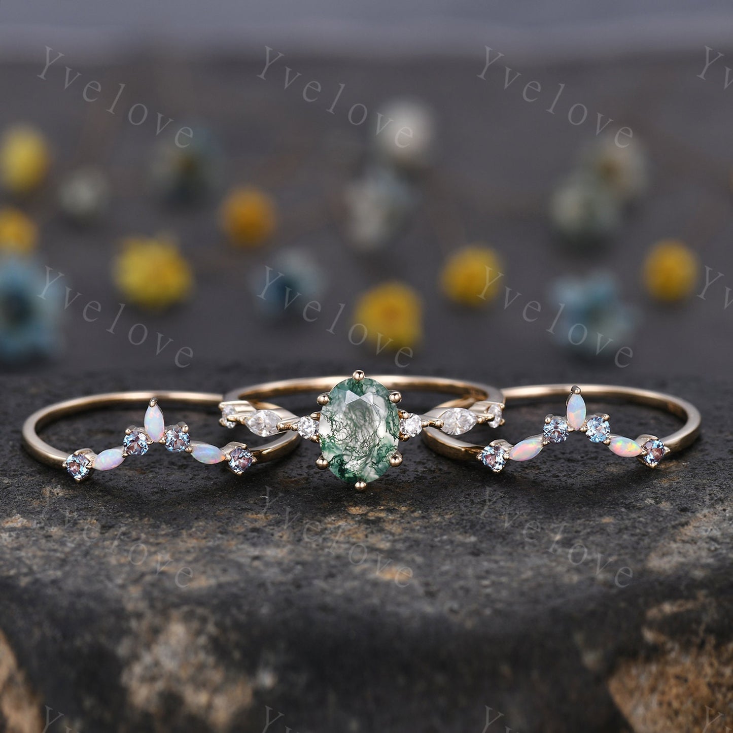 Vintage moss agate engagement ring set,Unique gold wedding set,Art deco opal alexandrite matching stacking ring,bridal set,rings for women