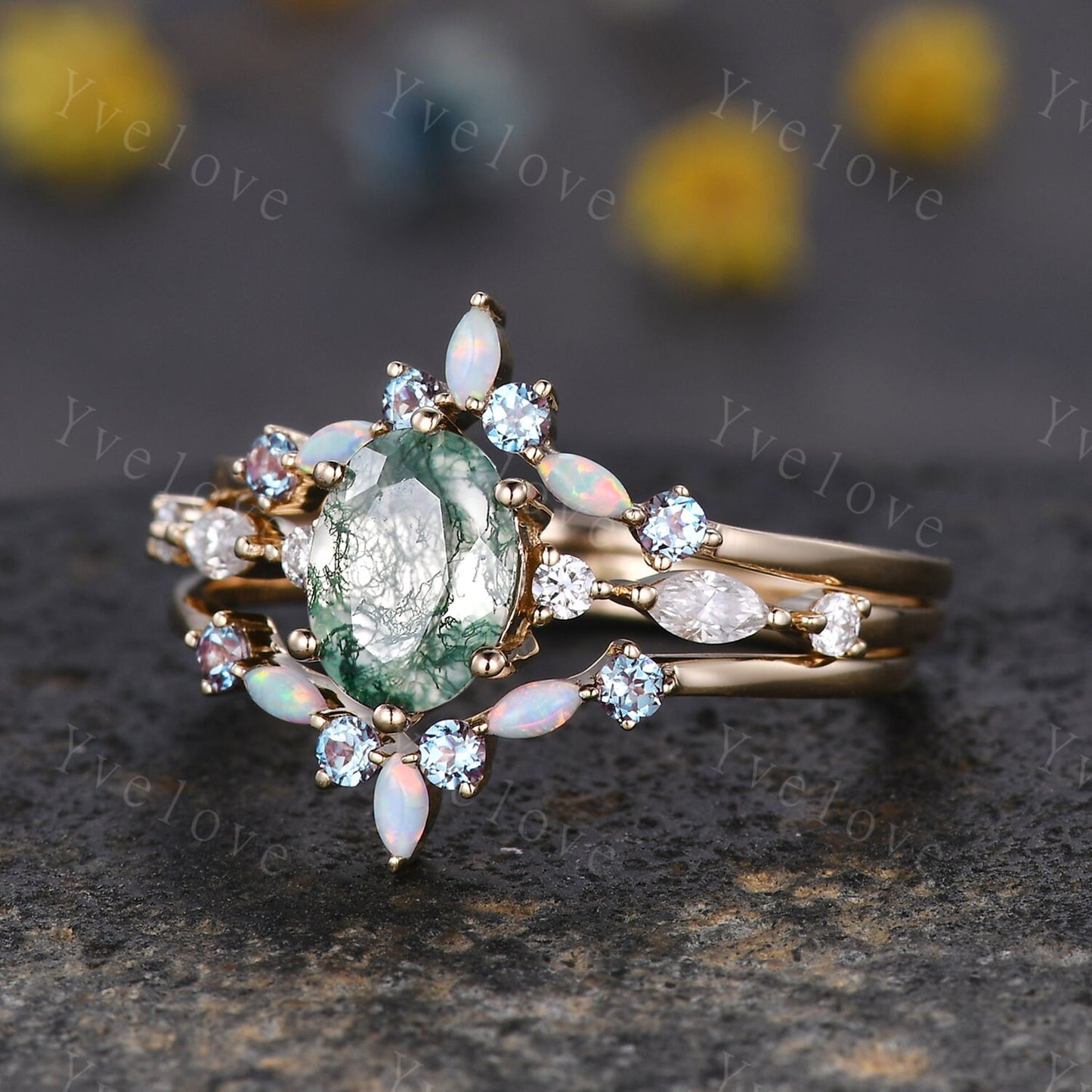 Vintage moss agate engagement ring set,Unique gold wedding set,Art deco opal alexandrite matching stacking ring,bridal set,rings for women
