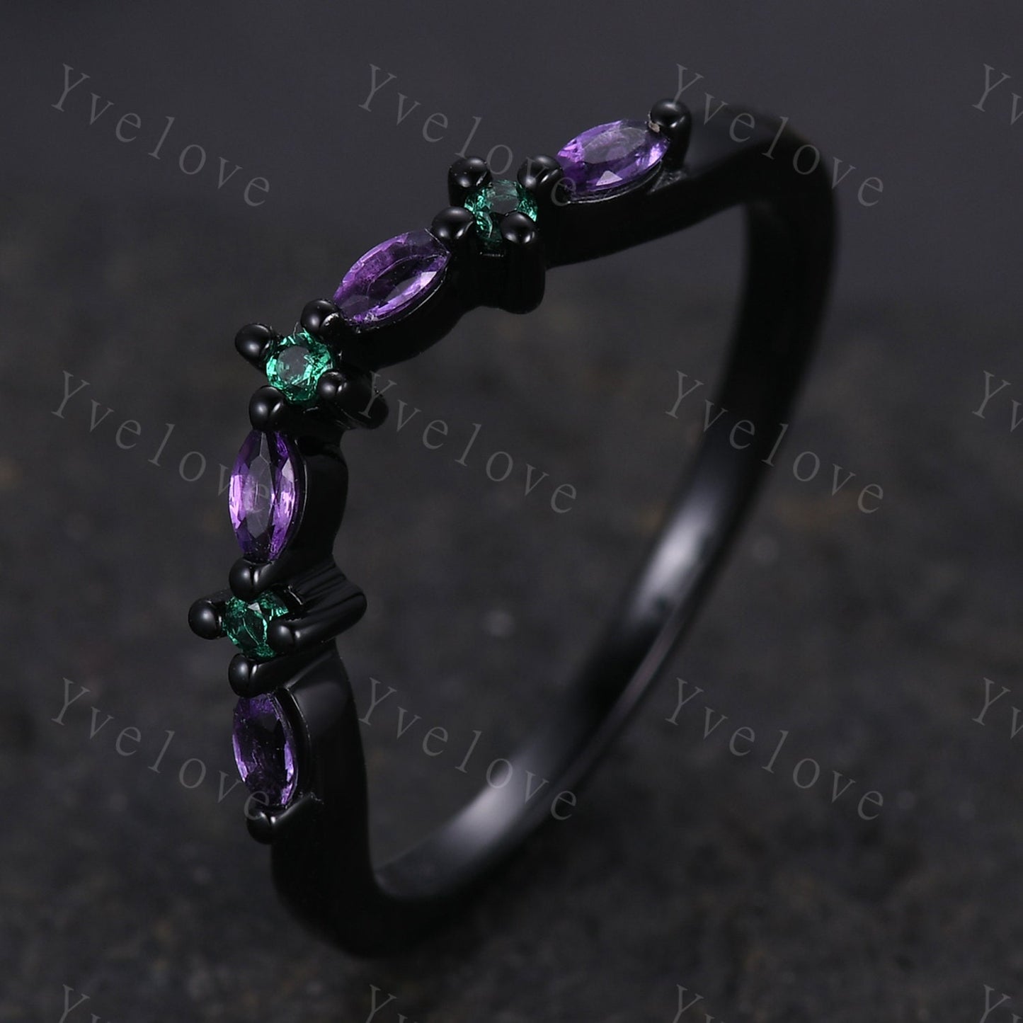 Unique Amethyst Emerald Wedding Ring Stacking Matching Band Silver Black Gold Marquise Ring Promise Jewelry Anniversary Gift For Women