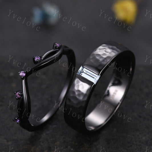 Couples ring set Aquamarine ring Amethyst twig ring for men and women His and Hers wedding band Promise Stacking Matching Band Vintage Gift