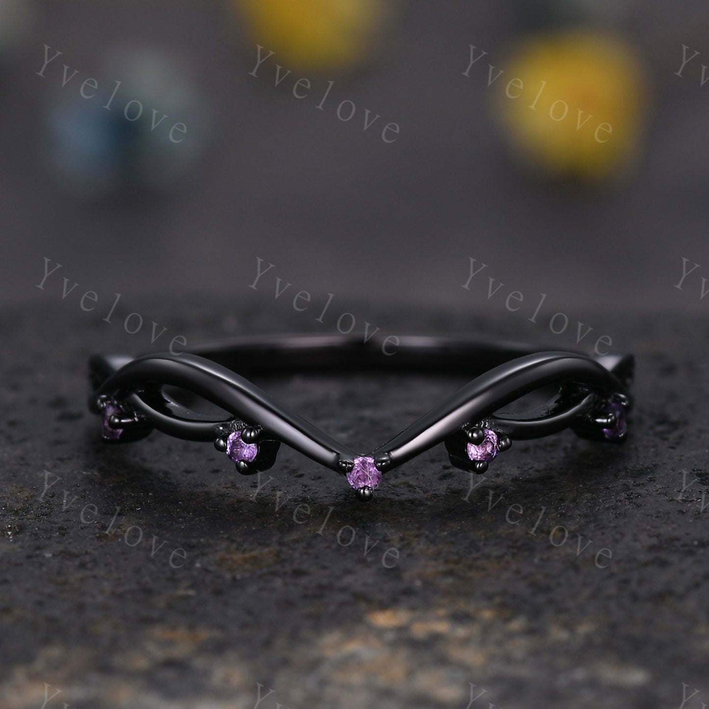 Vintage Amethyst Engagement Ring,Twig Stacking Band,Women Vine Amethyst Band,Art Deco Curved Branch Wedding Band,Black Gold Silver Ring Gift