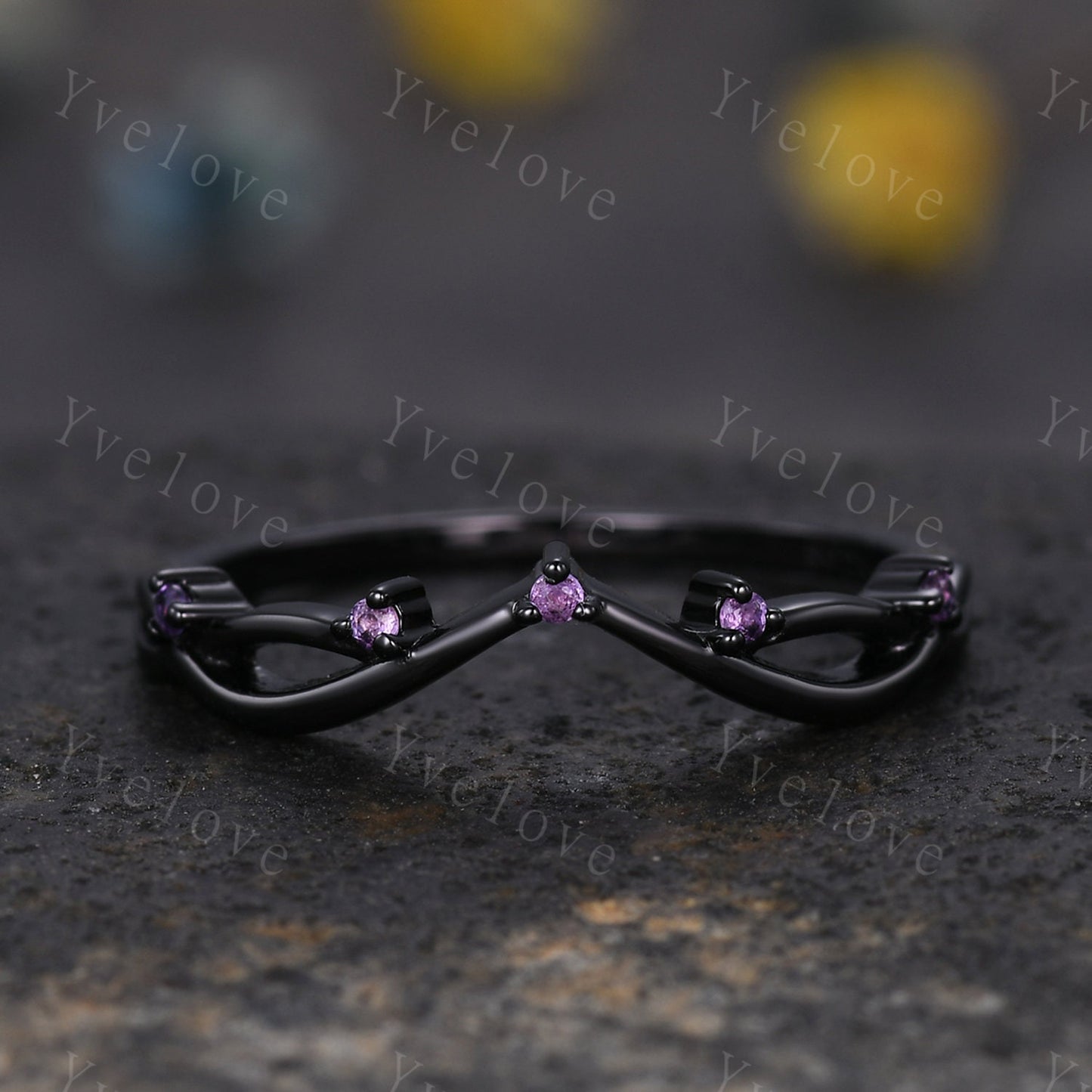 Vintage Amethyst Engagement Ring,Twig Stacking Band,Women Vine Amethyst Band,Art Deco Curved Branch Wedding Band,Black Gold Silver Ring Gift