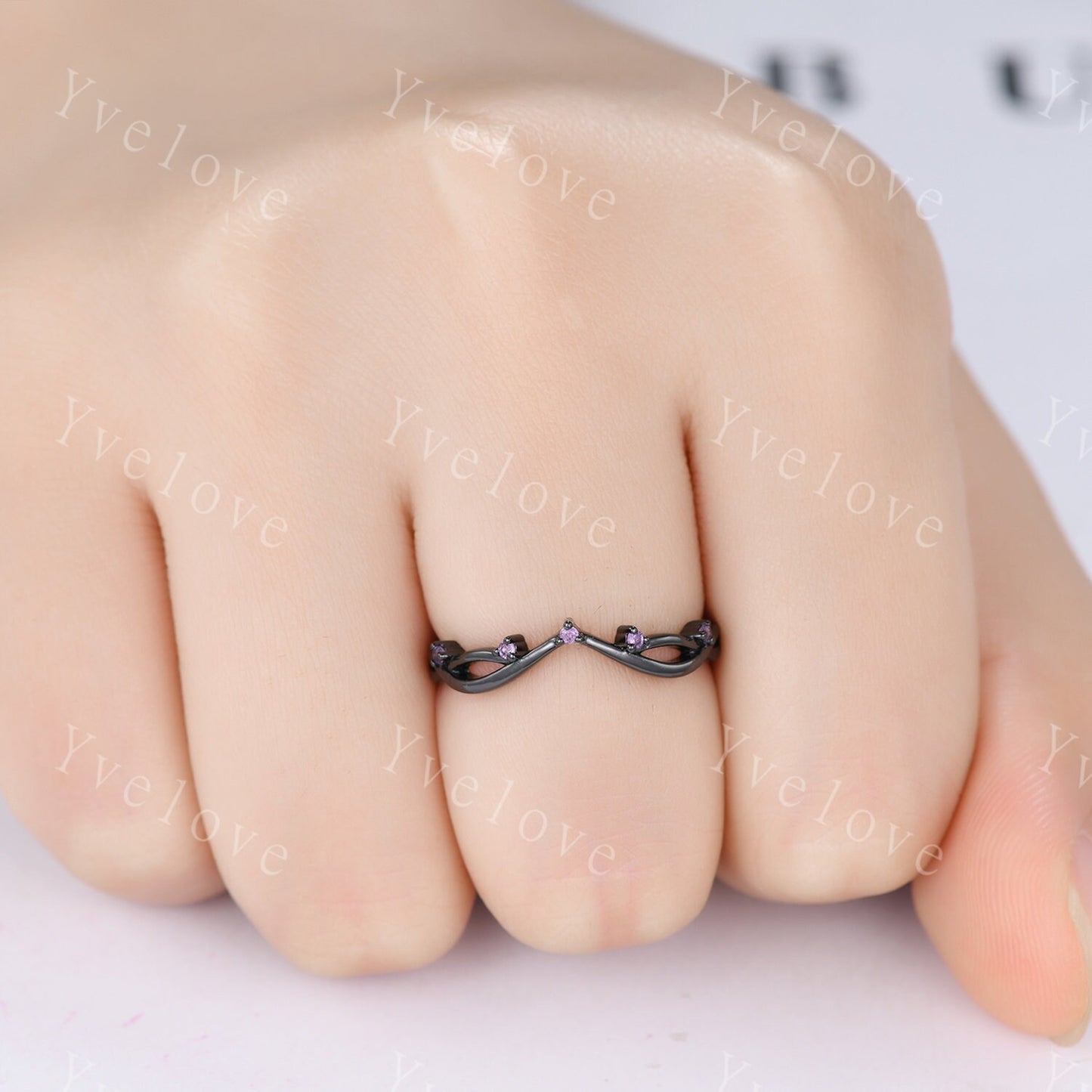 Vintage Amethyst Engagement Ring,Twig Stacking Band,Women Vine Amethyst Band,Art Deco Curved Branch Wedding Band,Black Gold Silver Ring Gift