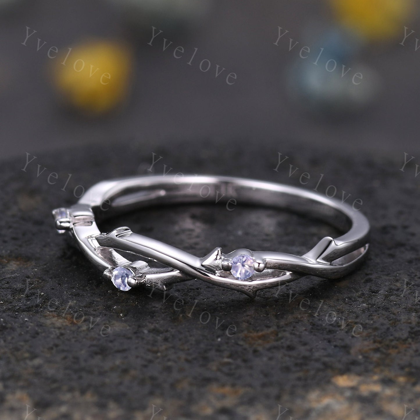 Dainty Moonstone Twig Engagement Ring,Twig Matching Band,Leaf Band,Twig Branch Wedding Band,14k White Gold,Twisted Vine Stack Matching Band