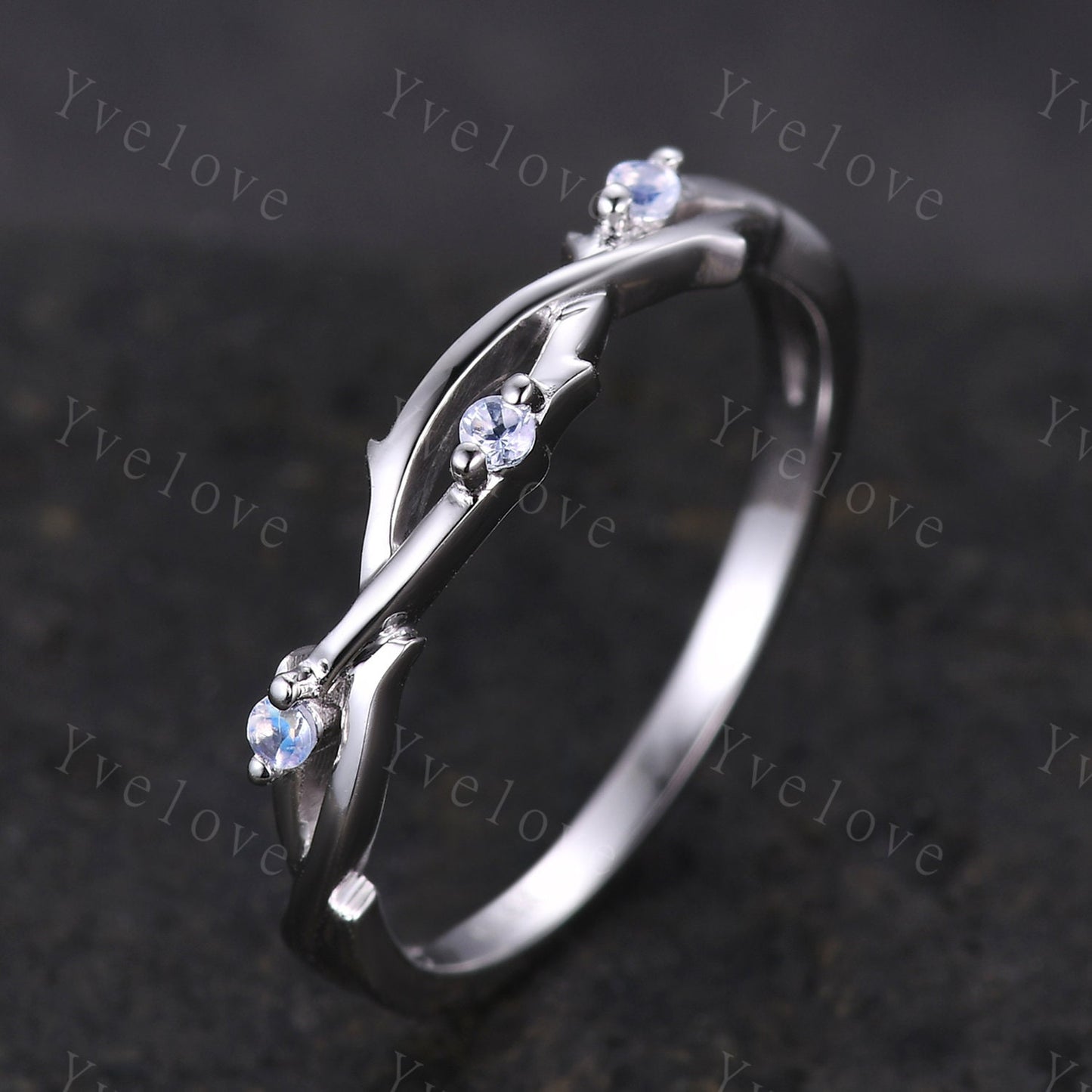 Dainty Moonstone Twig Engagement Ring,Twig Matching Band,Leaf Band,Twig Branch Wedding Band,14k White Gold,Twisted Vine Stack Matching Band