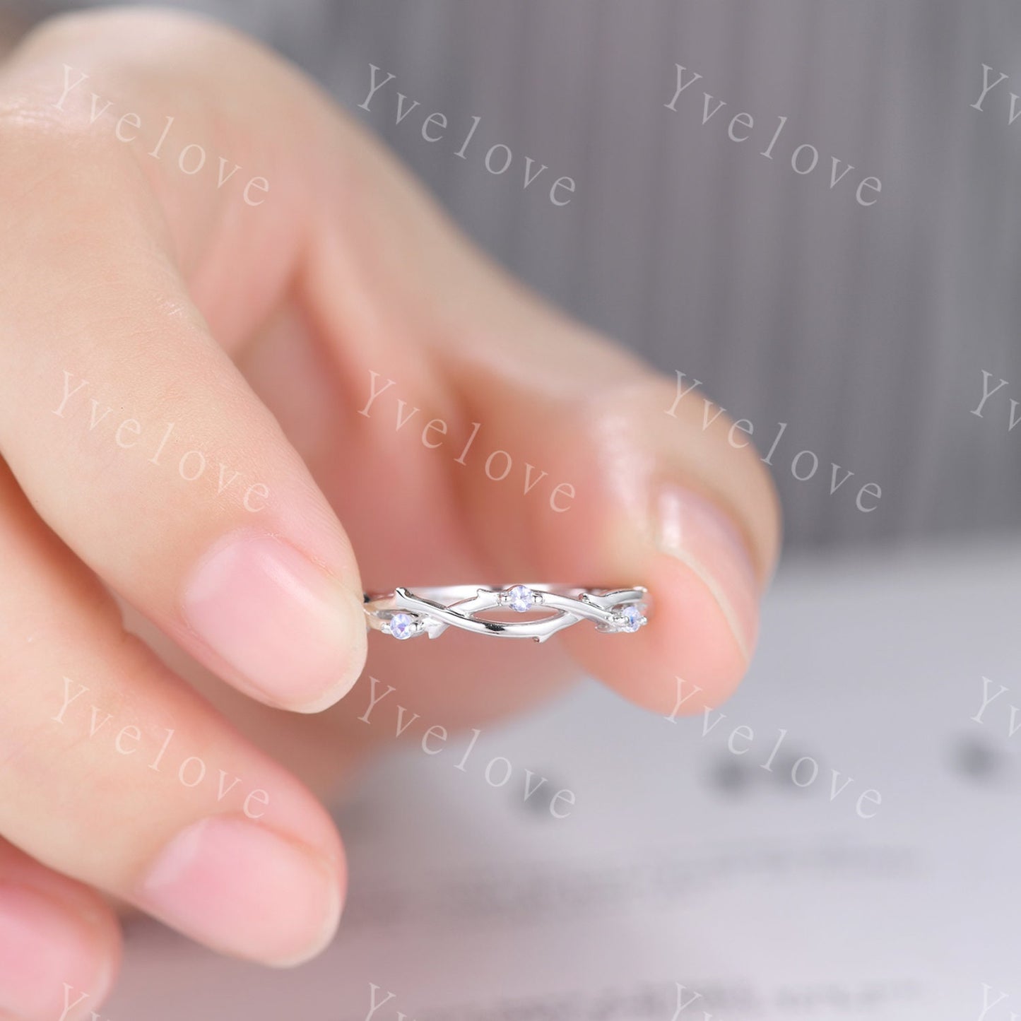 Dainty Moonstone Twig Engagement Ring,Twig Matching Band,Leaf Band,Twig Branch Wedding Band,14k White Gold,Twisted Vine Stack Matching Band