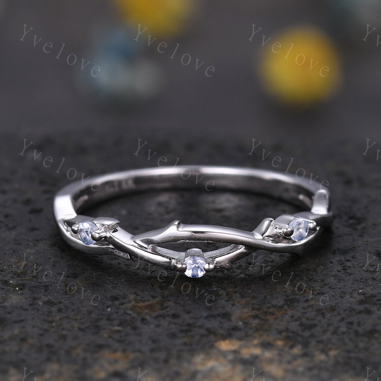 Dainty Moonstone Twig Engagement Ring,Twig Matching Band,Leaf Band,Twig Branch Wedding Band,14k White Gold,Twisted Vine Stack Matching Band