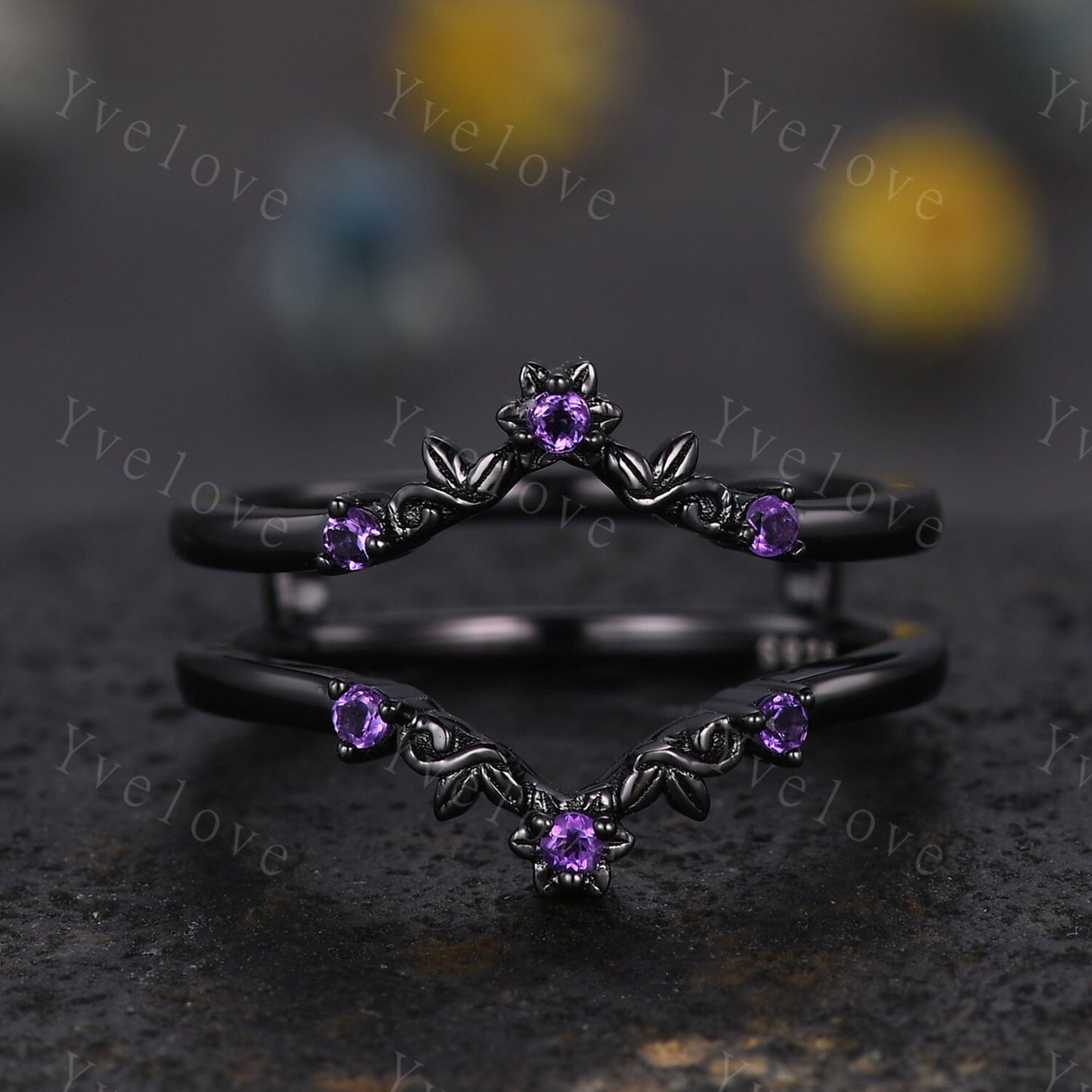 Antique Amethyst Engagement Ring,Vintage Amethyst Enhancer Stacking Band,Women Matching ring, Retro Curved Wedding Band,Black Metal Ring