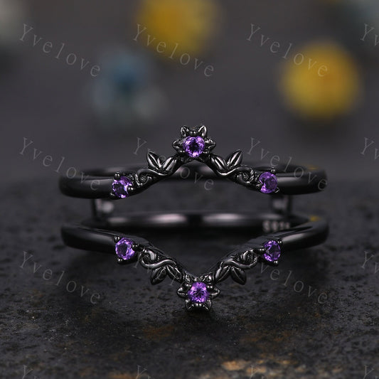 Antique Amethyst Engagement Ring,Vintage Amethyst Enhancer Stacking Band,Women Matching ring, Retro Curved Wedding Band,Black Metal Ring