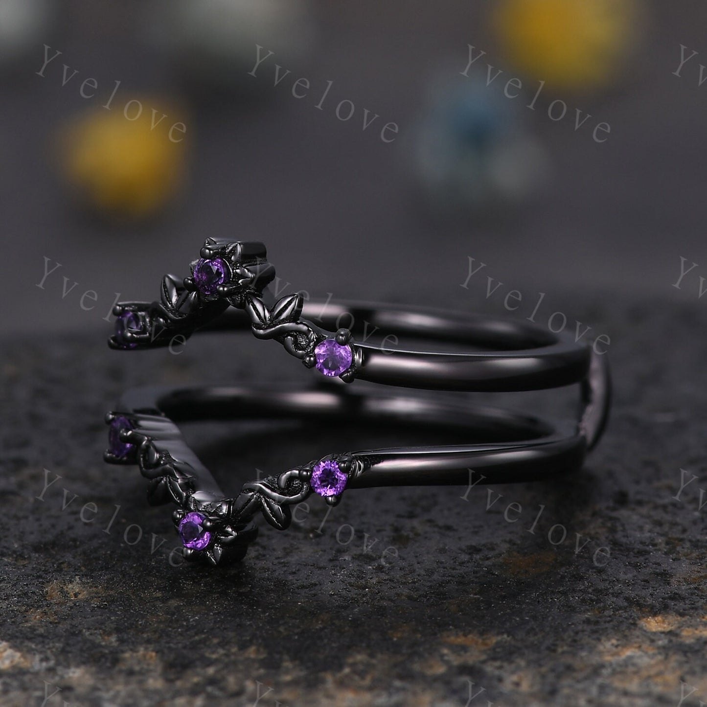 Antique Amethyst Engagement Ring,Vintage Amethyst Enhancer Stacking Band,Women Matching ring, Retro Curved Wedding Band,Black Metal Ring