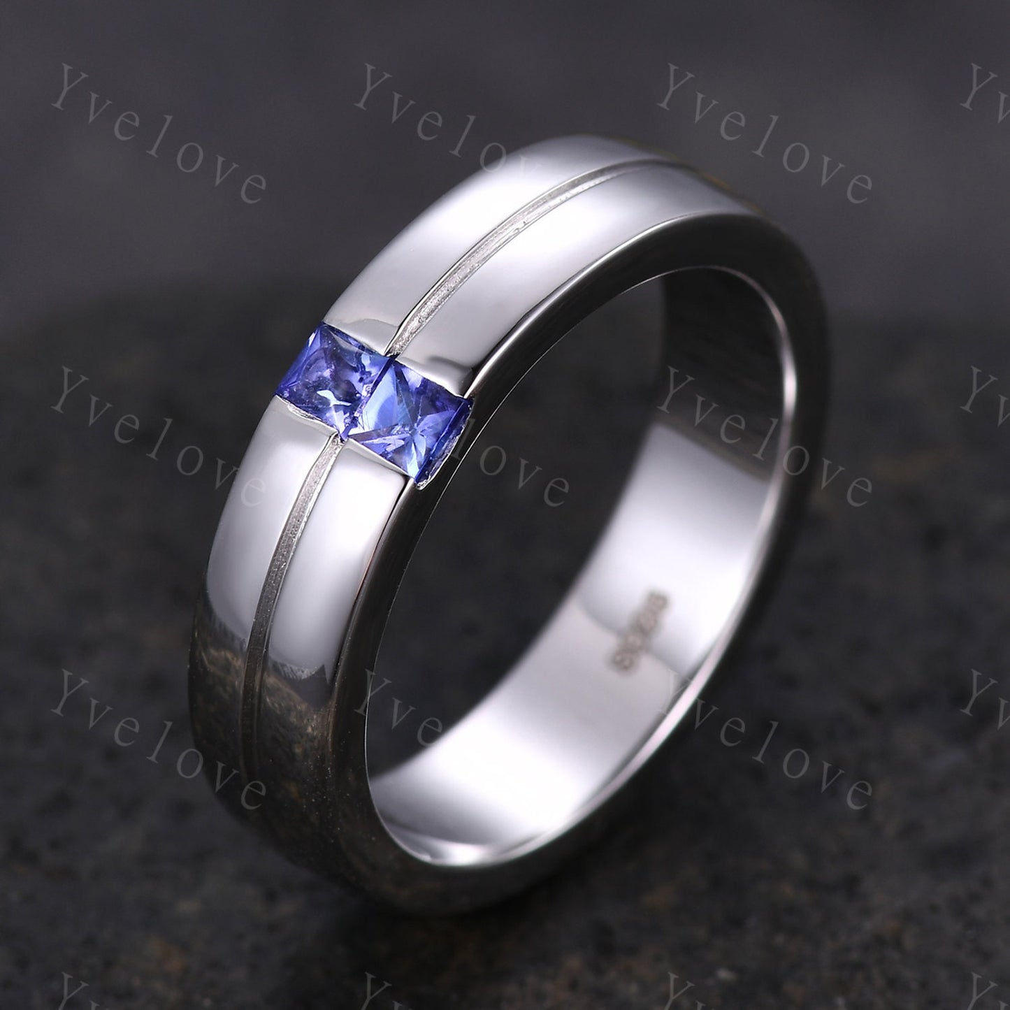 Mens Tanzanite Wedding Band Princess Cut Tanzanite Ring Platinum Ring Mens Solitaire Stacking Matching Band Retro Vintage Ring Gift For Him
