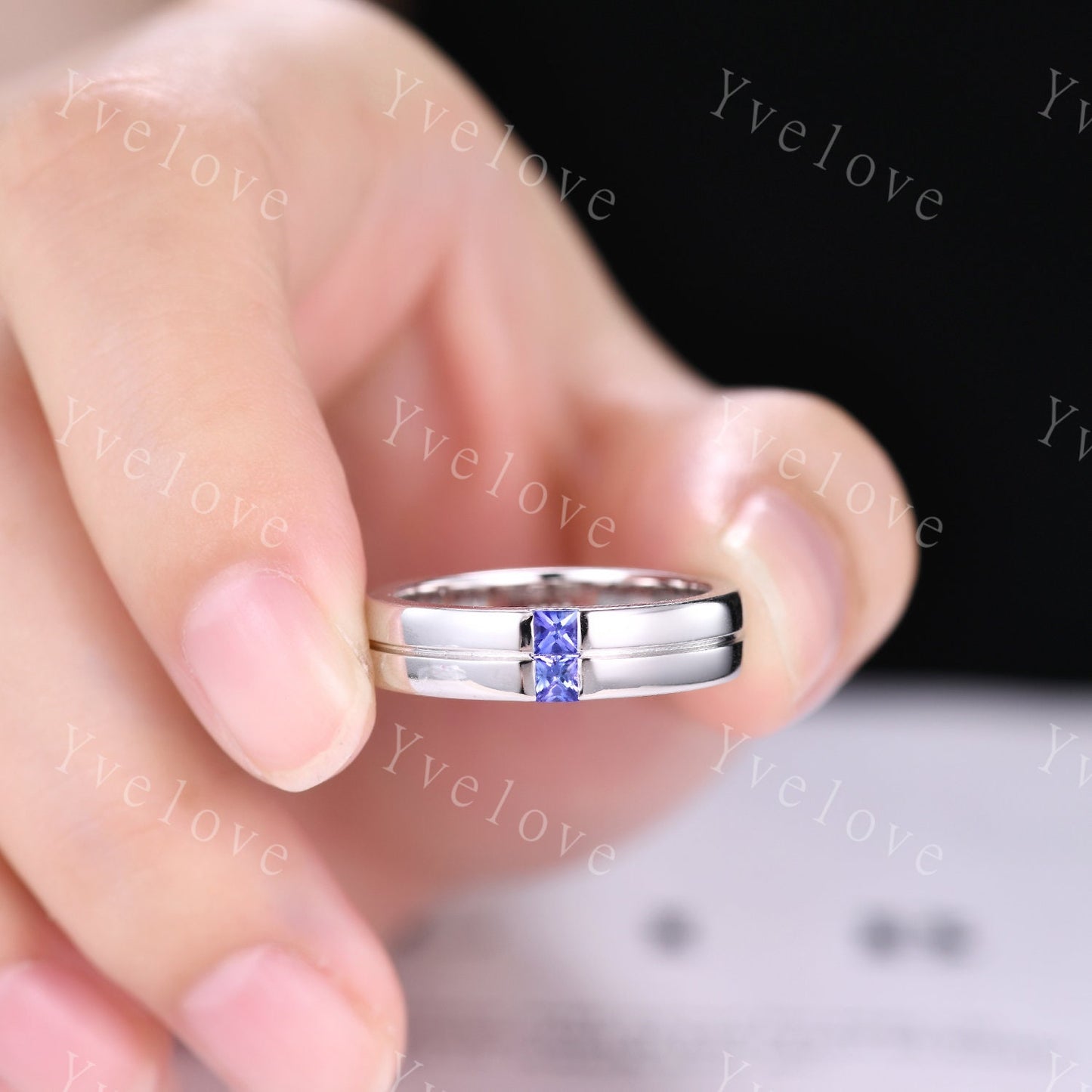 Mens Tanzanite Wedding Band Princess Cut Tanzanite Ring Platinum Ring Mens Solitaire Stacking Matching Band Retro Vintage Ring Gift For Him