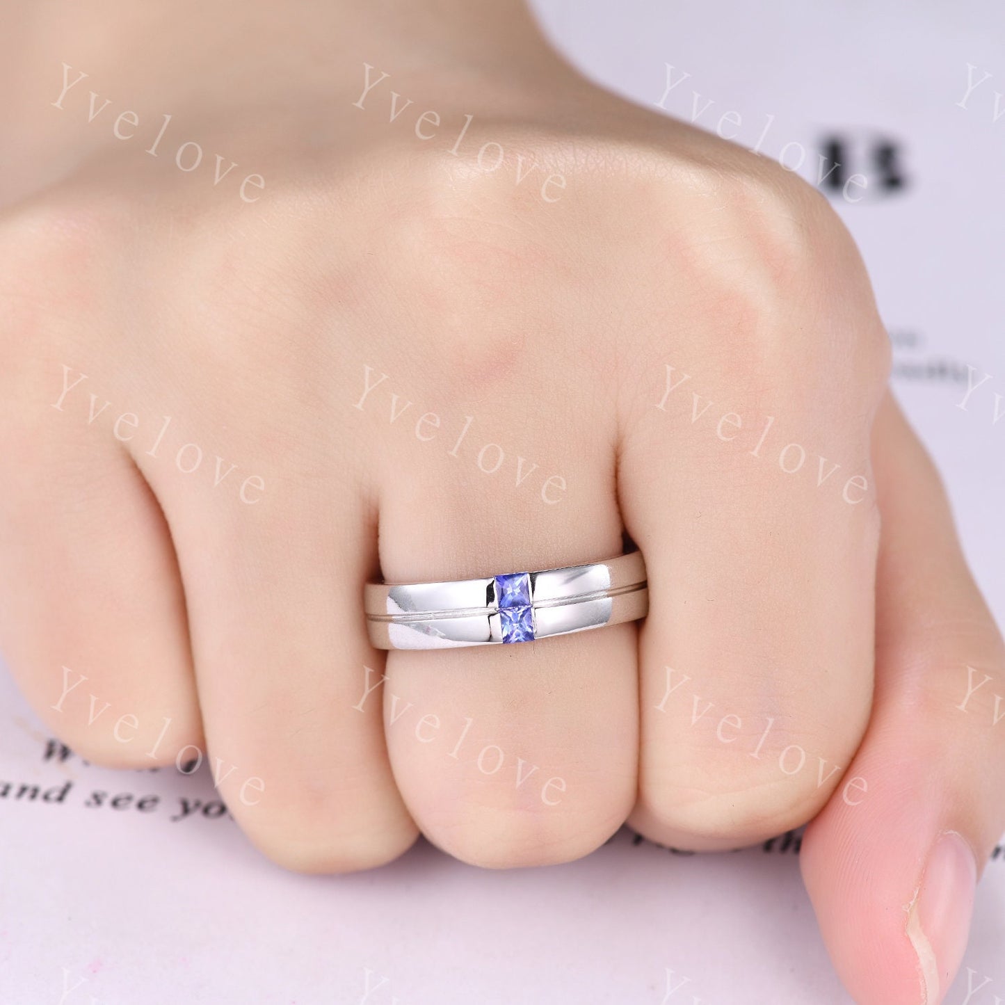 Mens Tanzanite Wedding Band Princess Cut Tanzanite Ring Platinum Ring Mens Solitaire Stacking Matching Band Retro Vintage Ring Gift For Him