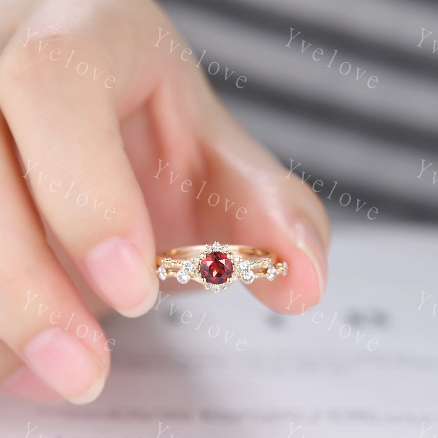 2pcs Garnet Engagement Ring Set Diamond Wedding Band Moissanite Matching Band Vintage Promise Bridal Jewelry Gift For Women