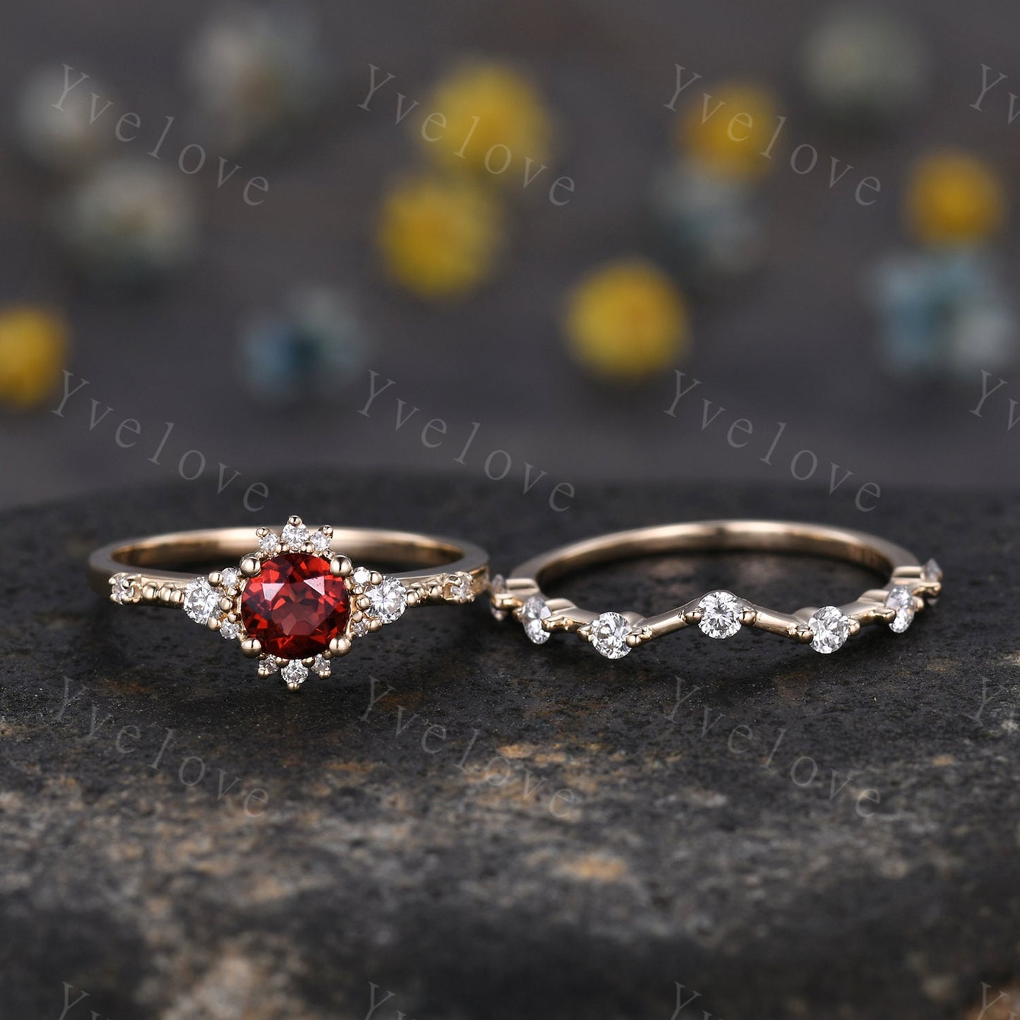 2pcs Garnet Engagement Ring Set Diamond Wedding Band Moissanite Matching Band Vintage Promise Bridal Jewelry Gift For Women