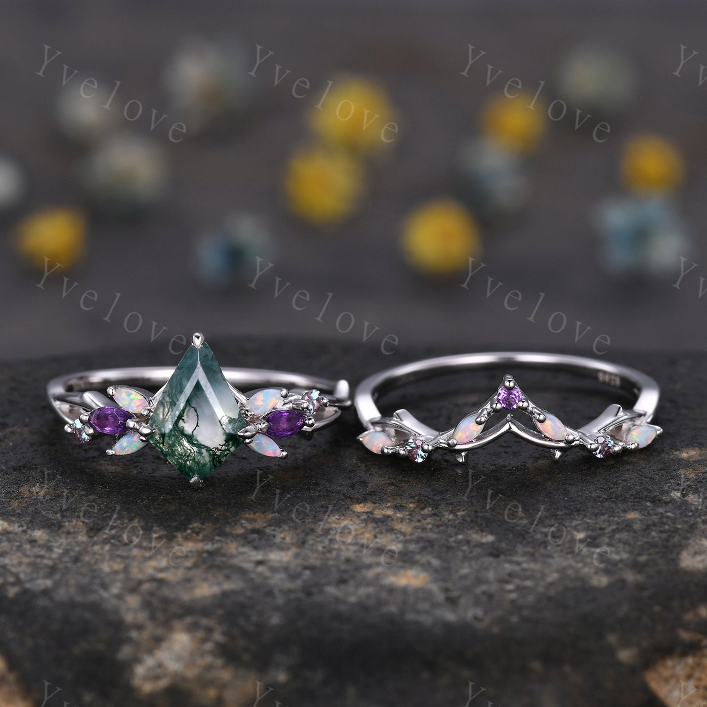 Vintage Kite Moss Agate Engagement Ring Set,White Gold,Vines Amethyst Opal Ring,Women Bridal Set,Unique Twig Anniversary Promise Ring Gift