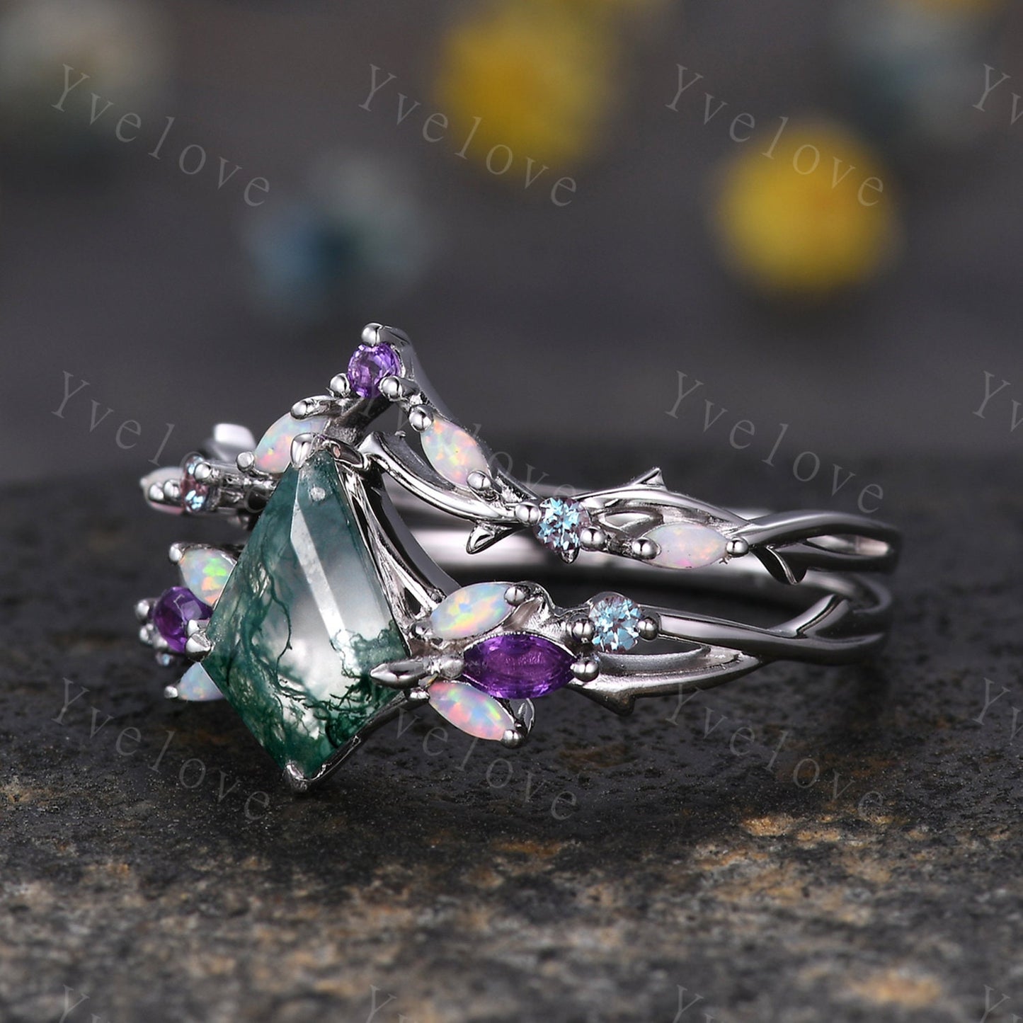 Vintage Kite Moss Agate Engagement Ring Set,White Gold,Vines Amethyst Opal Ring,Women Bridal Set,Unique Twig Anniversary Promise Ring Gift