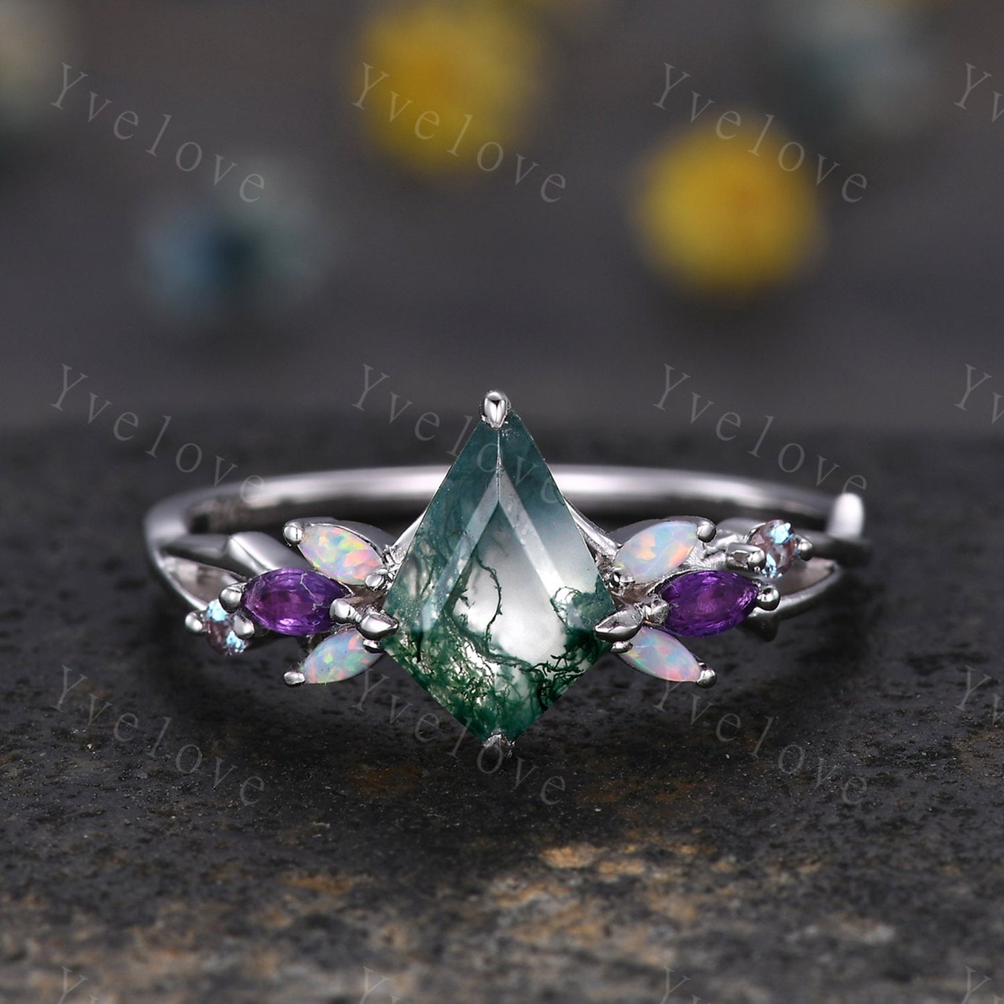 Vintage Kite Moss Agate Engagement Ring Set,White Gold,Vines Amethyst Opal Ring,Women Bridal Set,Unique Twig Anniversary Promise Ring Gift