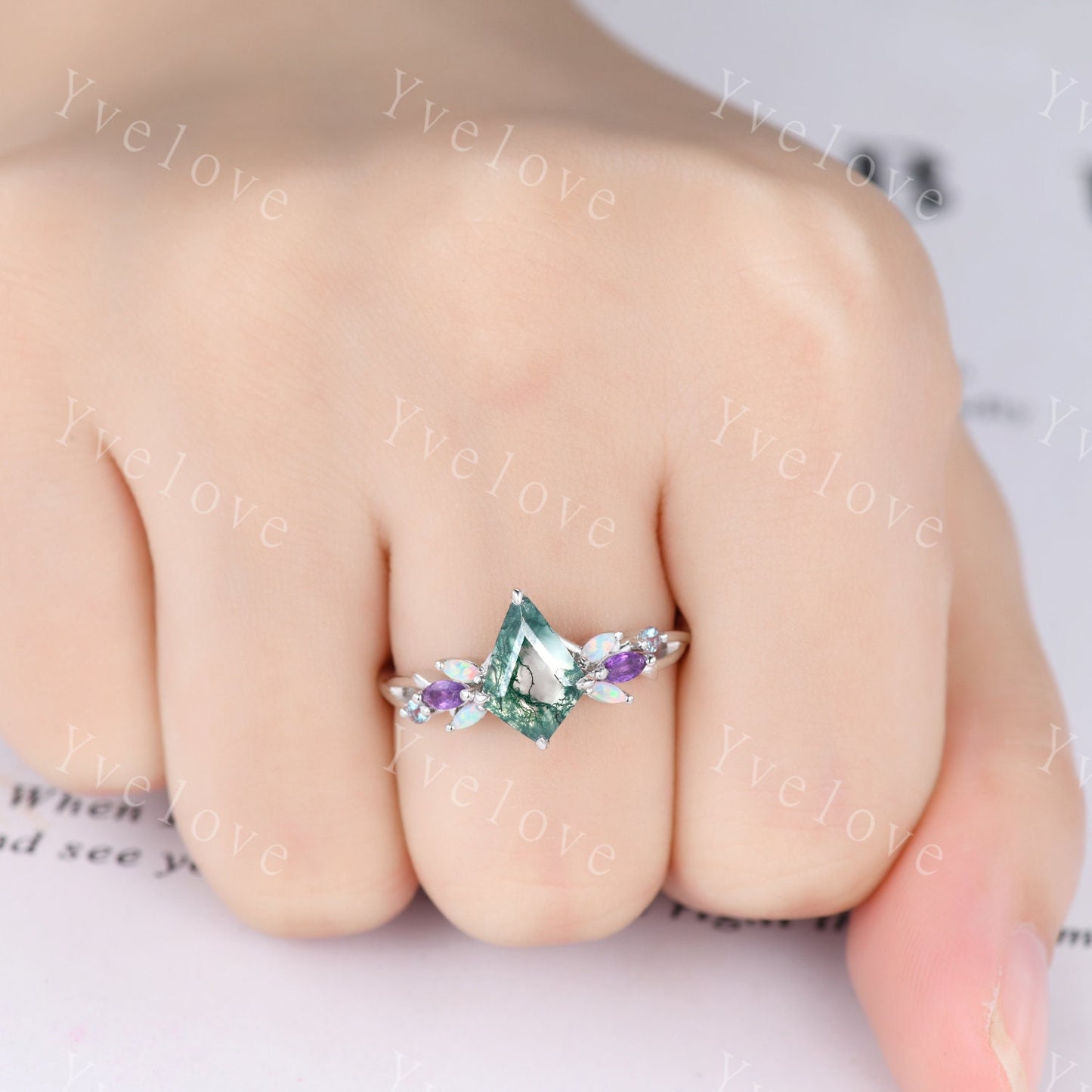 Vintage Kite Moss Agate Engagement Ring Set,White Gold,Vines Amethyst Opal Ring,Women Bridal Set,Unique Twig Anniversary Promise Ring Gift