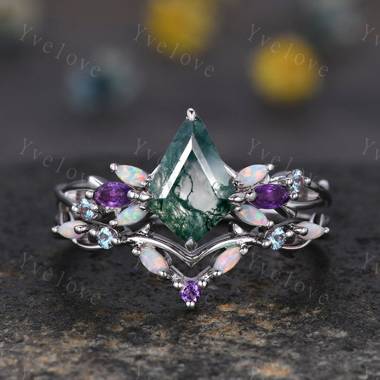 Vintage Kite Moss Agate Engagement Ring Set,White Gold,Vines Amethyst Opal Ring,Women Bridal Set,Unique Twig Anniversary Promise Ring Gift