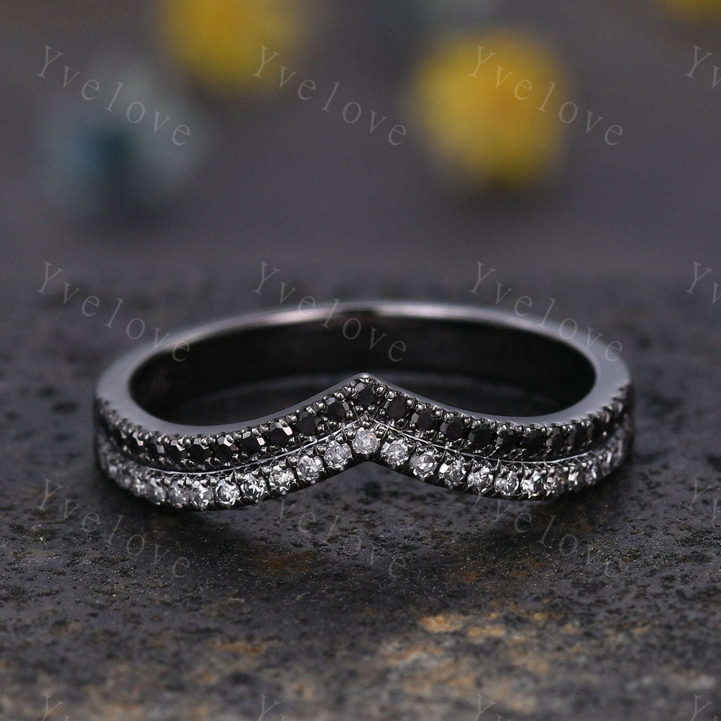 V shape diamond wedding band two row black diamond matching band stacking ring 14k solid black gold anniversary ring antique ring for women