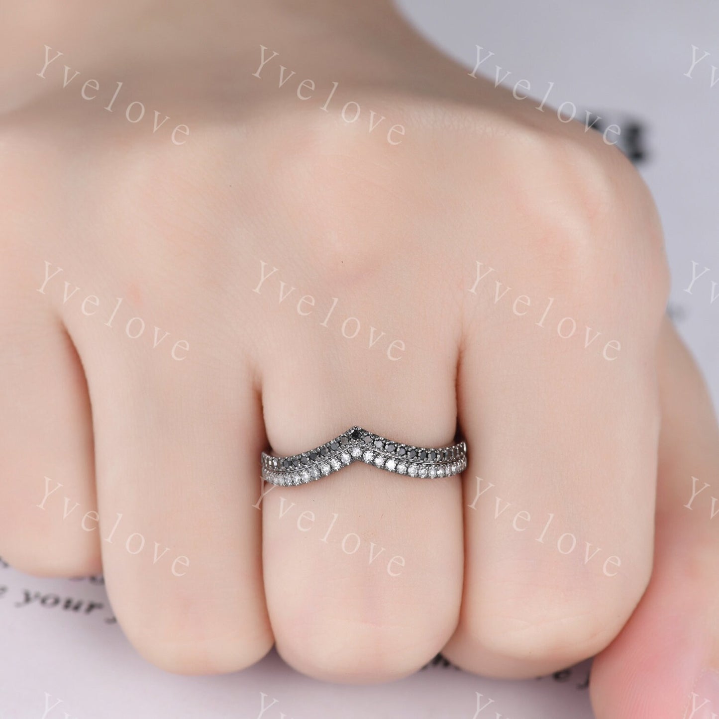 V shape diamond wedding band two row black diamond matching band stacking ring 14k white gold anniversary ring antique ring for women custom