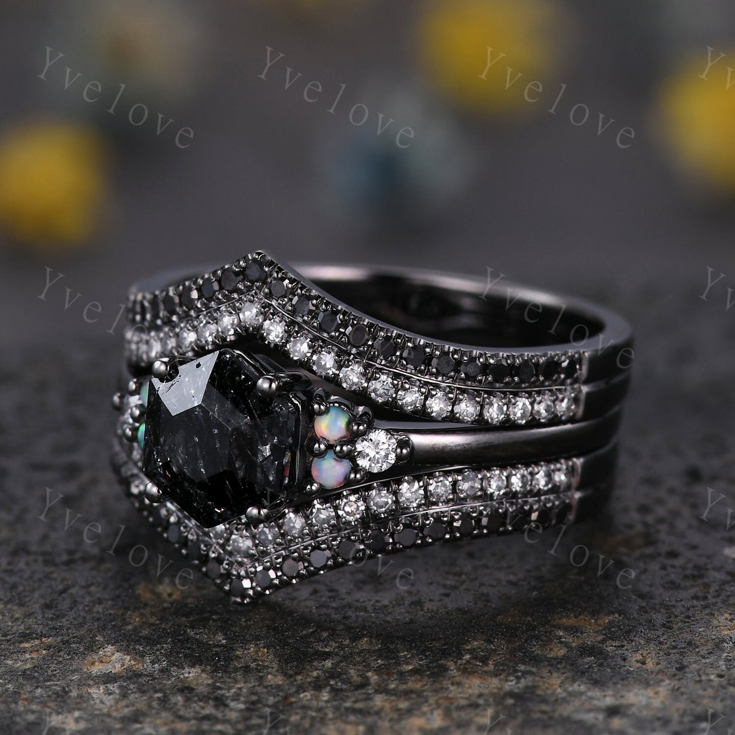 3 Set Unique Hexagon Black Rutilate Quartz Engagement Ring,White Opal Black Diamond Ring,Black Wedding Band,Vintage Gift Bridal Promise Ring