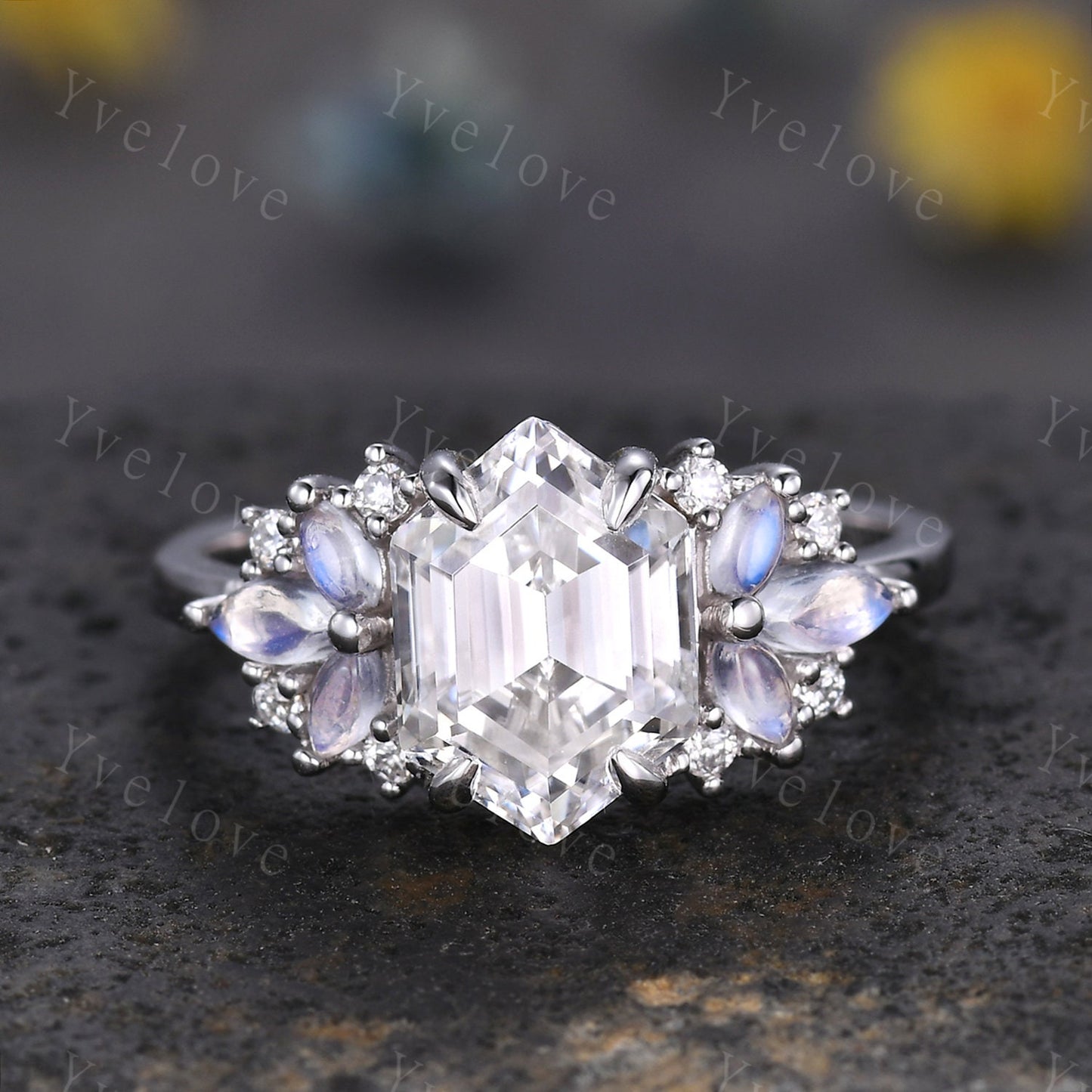 Vintage Hexagon Moissanite Engagement ring,Unique Marquise Moonstone Ring,Cluster Ring,White Gold,Women Bridal Wedding Band,Statement Ring