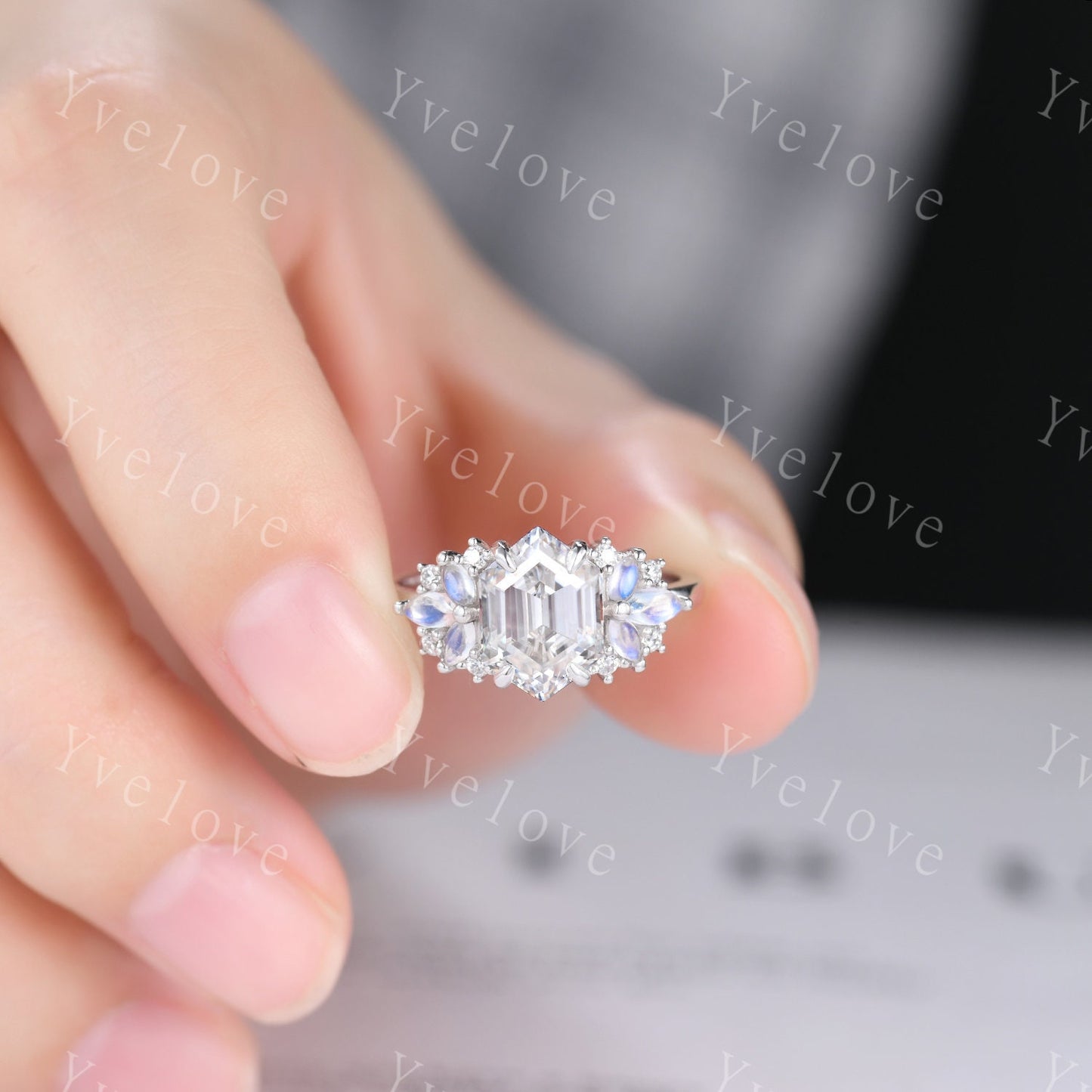 Vintage Hexagon Moissanite Engagement ring,Unique Marquise Moonstone Ring,Cluster Ring,White Gold,Women Bridal Wedding Band,Statement Ring