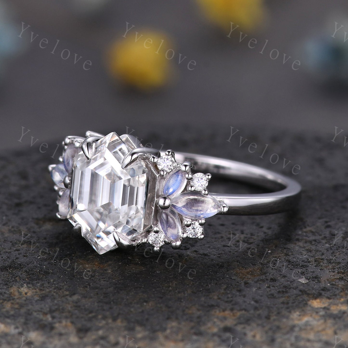 Vintage Hexagon Moissanite Engagement ring,Unique Marquise Moonstone Ring,Cluster Ring,White Gold,Women Bridal Wedding Band,Statement Ring