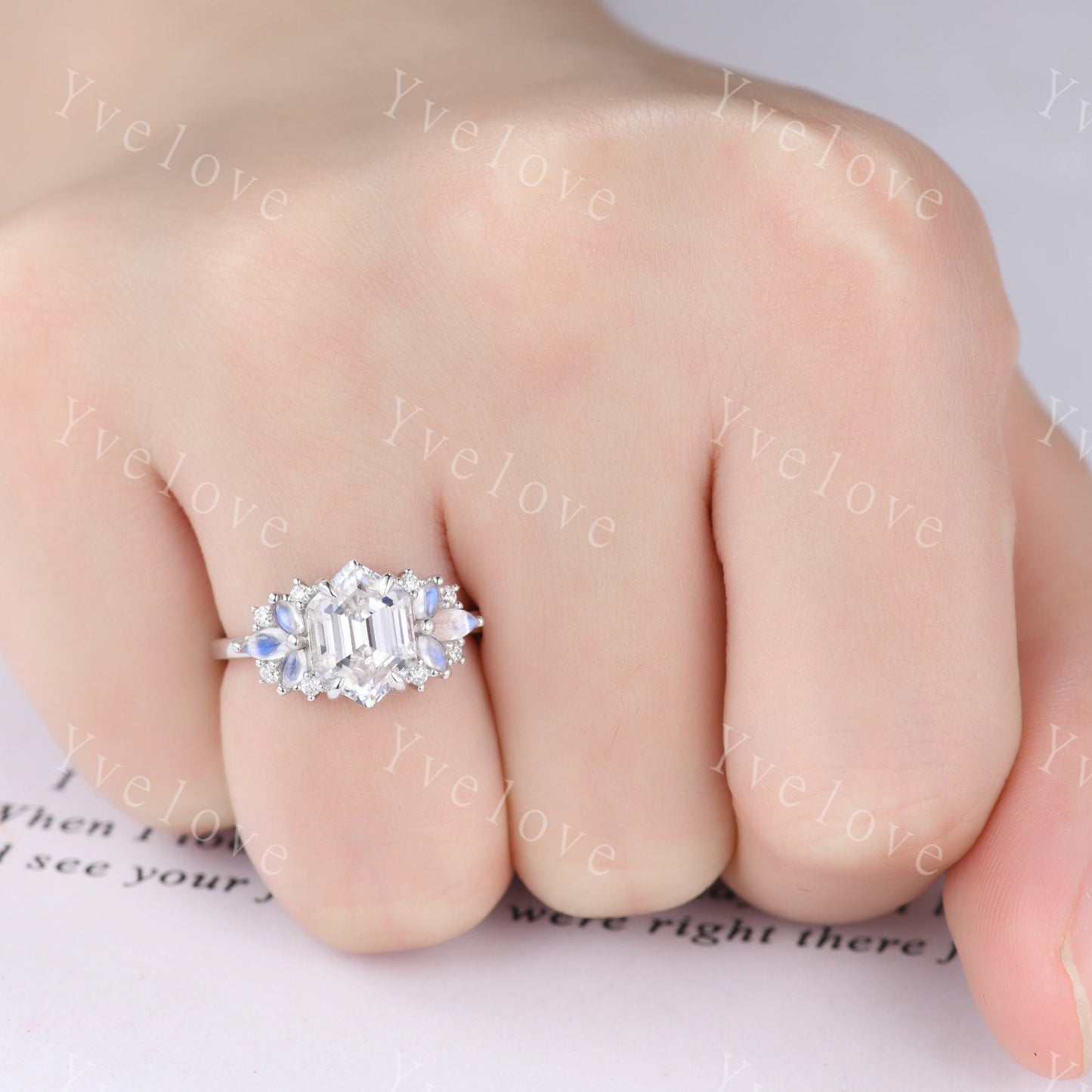 Vintage Hexagon Moissanite Engagement ring,Unique Marquise Moonstone Ring,Cluster Ring,White Gold,Women Bridal Wedding Band,Statement Ring