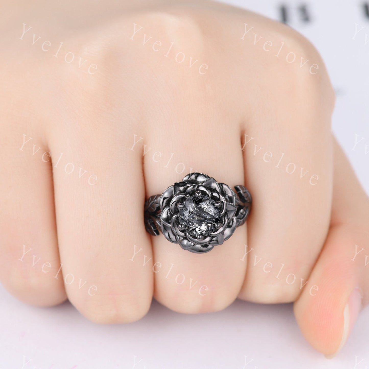 Black Rutilated Quartz Rose Flower Engagement Ring Black Silver Band Romantic Wedding Ring Promise Ring Women Statement Ring Gothic Ring
