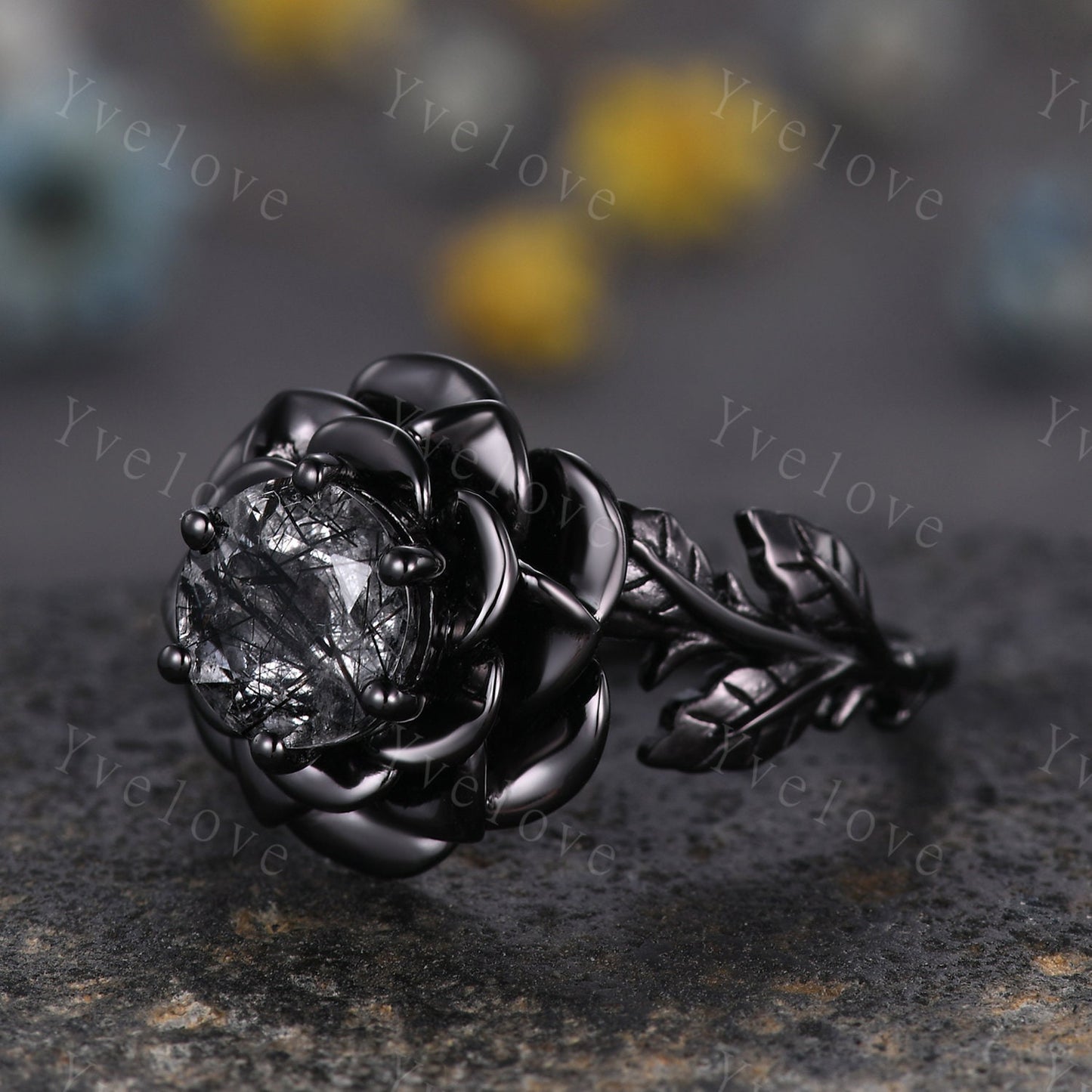Black Rutilated Quartz Rose Flower Engagement Ring Black Silver Band Romantic Wedding Ring Promise Ring Women Statement Ring Gothic Ring