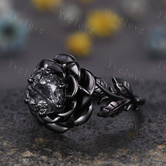 Black Rutilated Quartz Rose Flower Engagement Ring Black Silver Band Romantic Wedding Ring Promise Ring Women Statement Ring Gothic Ring