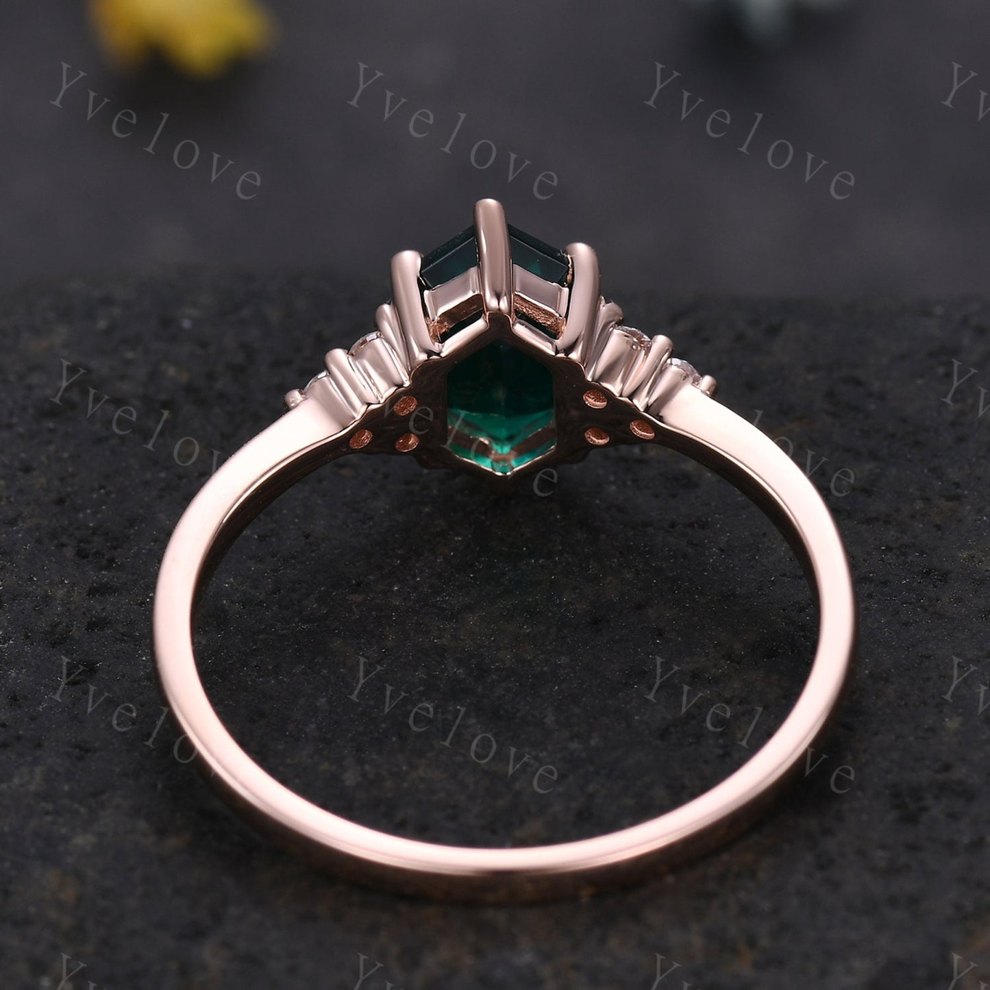 Retro Long hexagon Green Emerald Ring,Vintage 14k 18k Rose Gold Ring,Unique Emerald Engagement Ring,Promise Ring,May Birthday Gift For Her