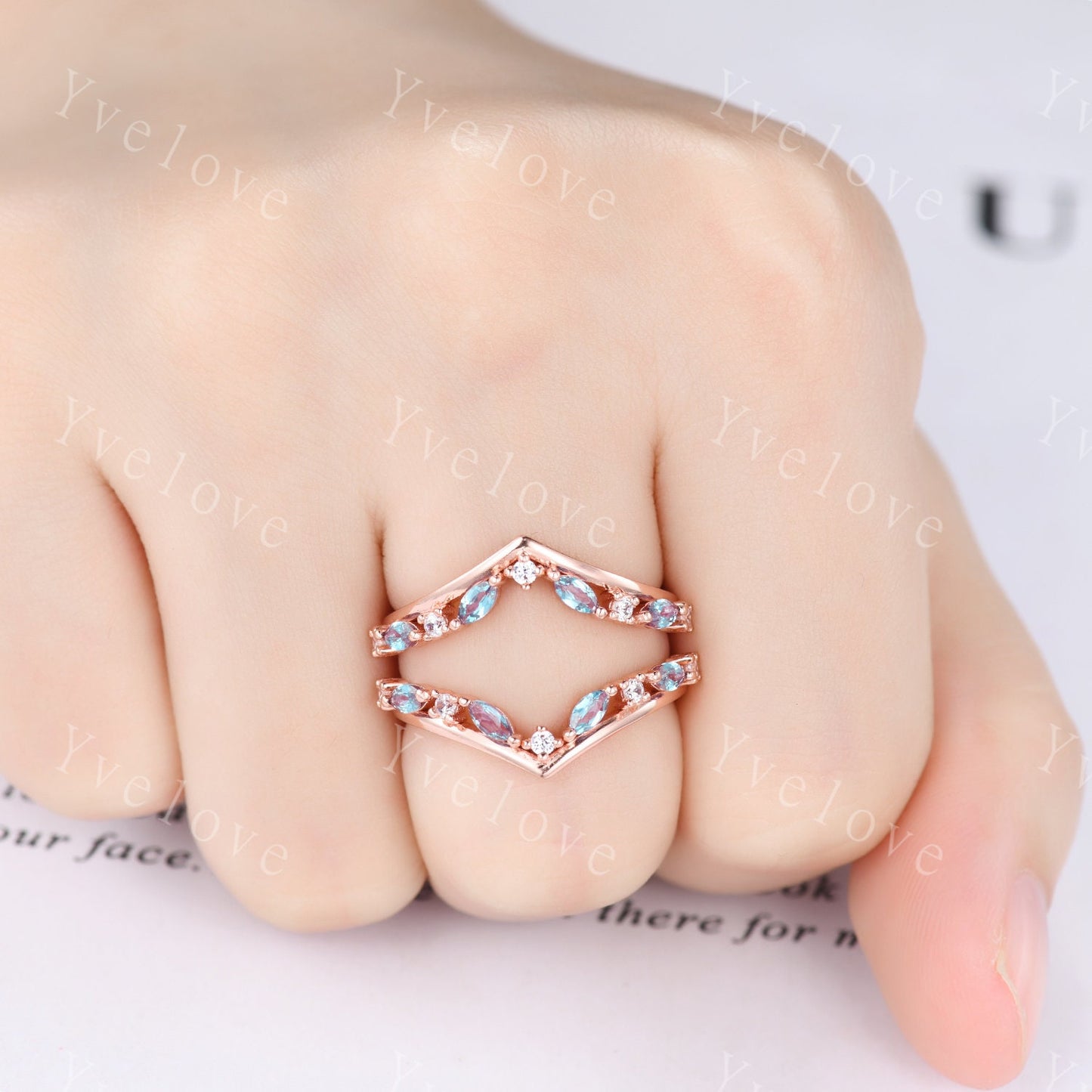 Alexandrite Wedding band,Marquise Alexandrite Ring,Retro Rose Gold Ring,Enhancer Wrap Guard Band,Women Double Curved Stacking Matching Band