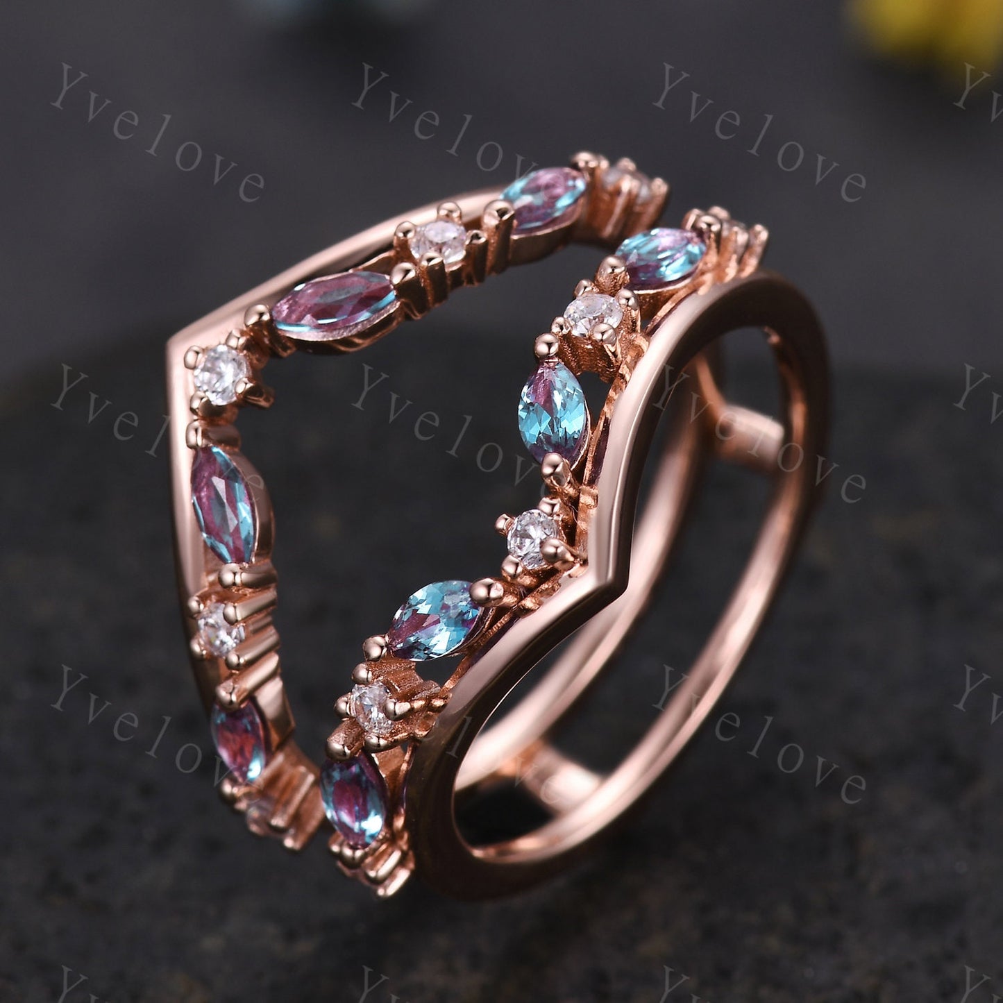 Alexandrite Wedding band,Marquise Alexandrite Ring,Retro Rose Gold Ring,Enhancer Wrap Guard Band,Women Double Curved Stacking Matching Band