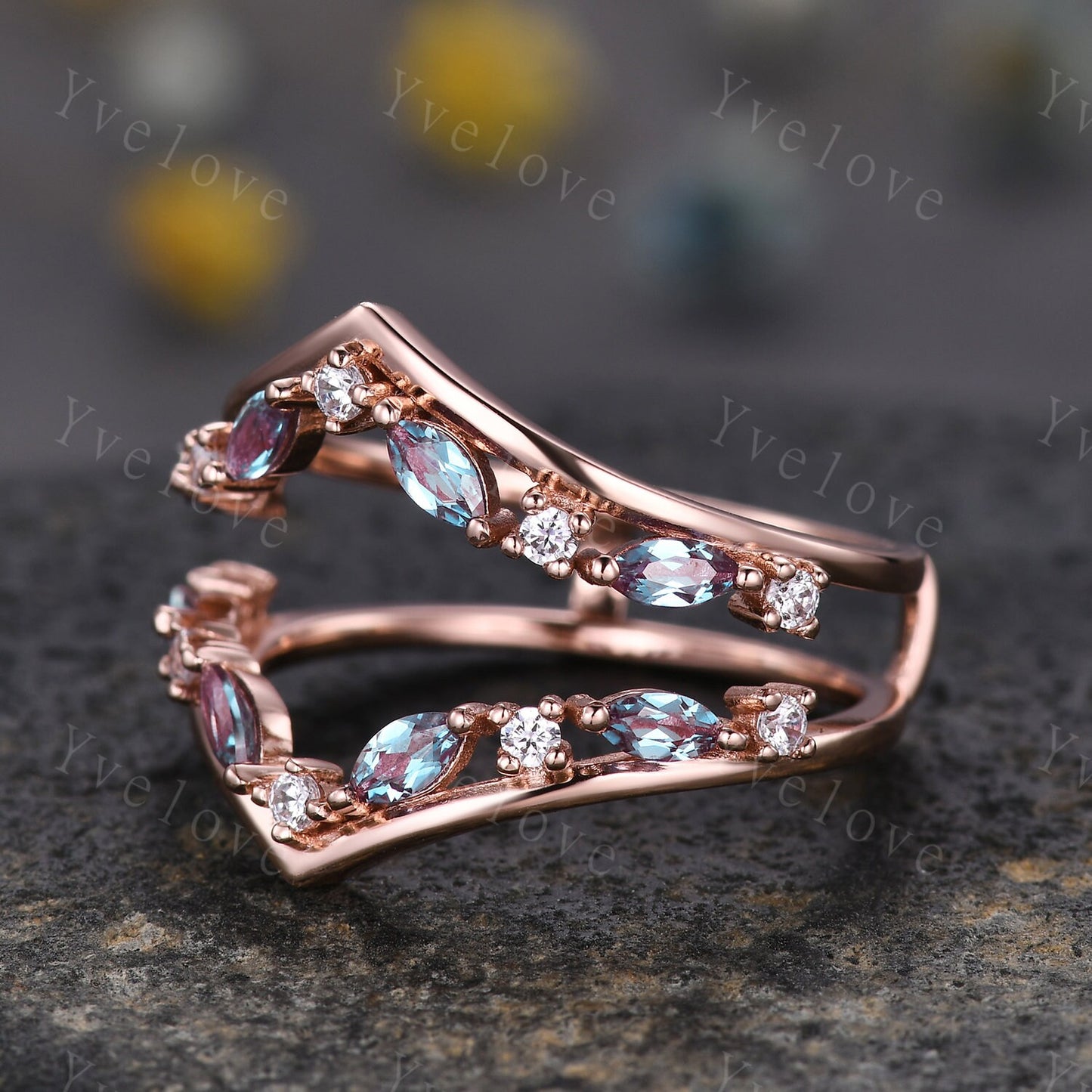 Alexandrite Wedding band,Marquise Alexandrite Ring,Retro Rose Gold Ring,Enhancer Wrap Guard Band,Women Double Curved Stacking Matching Band