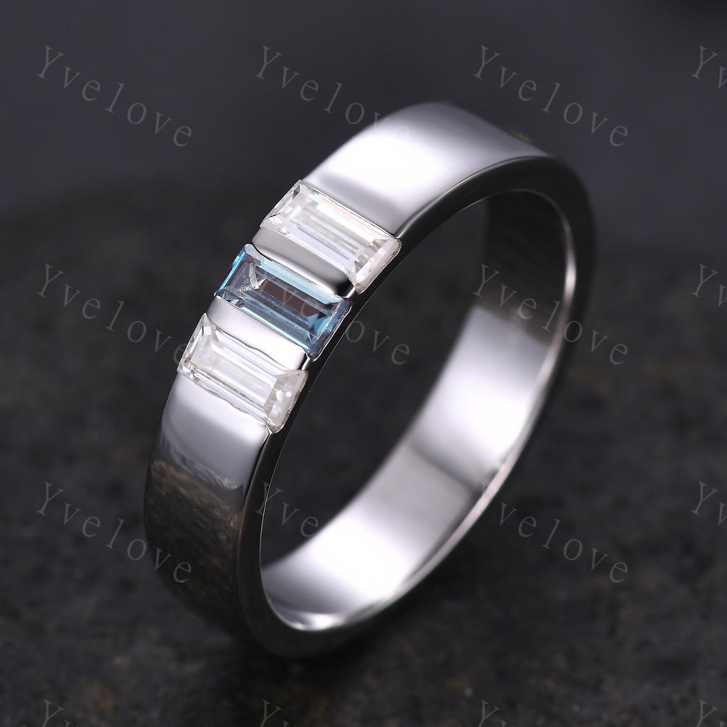 5mm Mens Alexandrite Wedding Band Baguette Diamond Wedding Ring Platinum Ring Men Stackable Matching Band 3 Stones Ring Gifts Handmade Ring