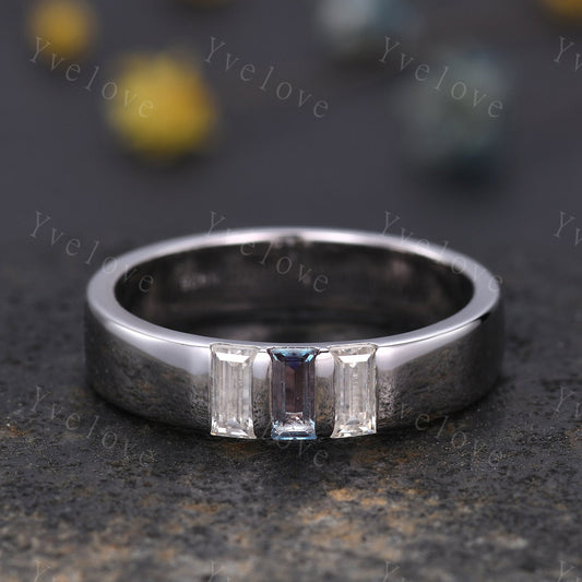 5mm Mens Alexandrite Wedding Band Baguette Diamond Wedding Ring Platinum Ring Men Stackable Matching Band 3 Stones Ring Gifts Handmade Ring