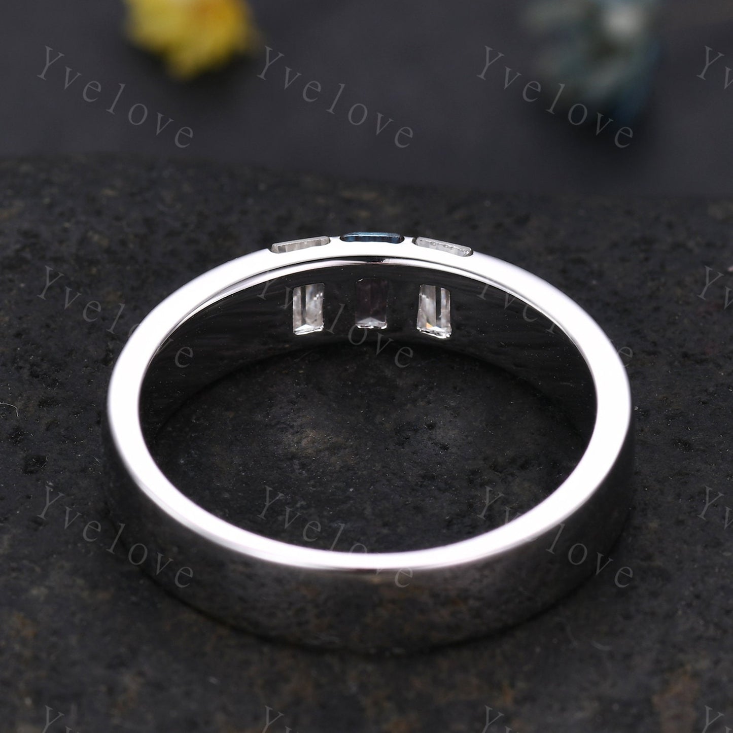 5mm Mens Alexandrite Wedding Band Baguette Diamond Wedding Ring Platinum Ring Men Stackable Matching Band 3 Stones Ring Gifts Handmade Ring
